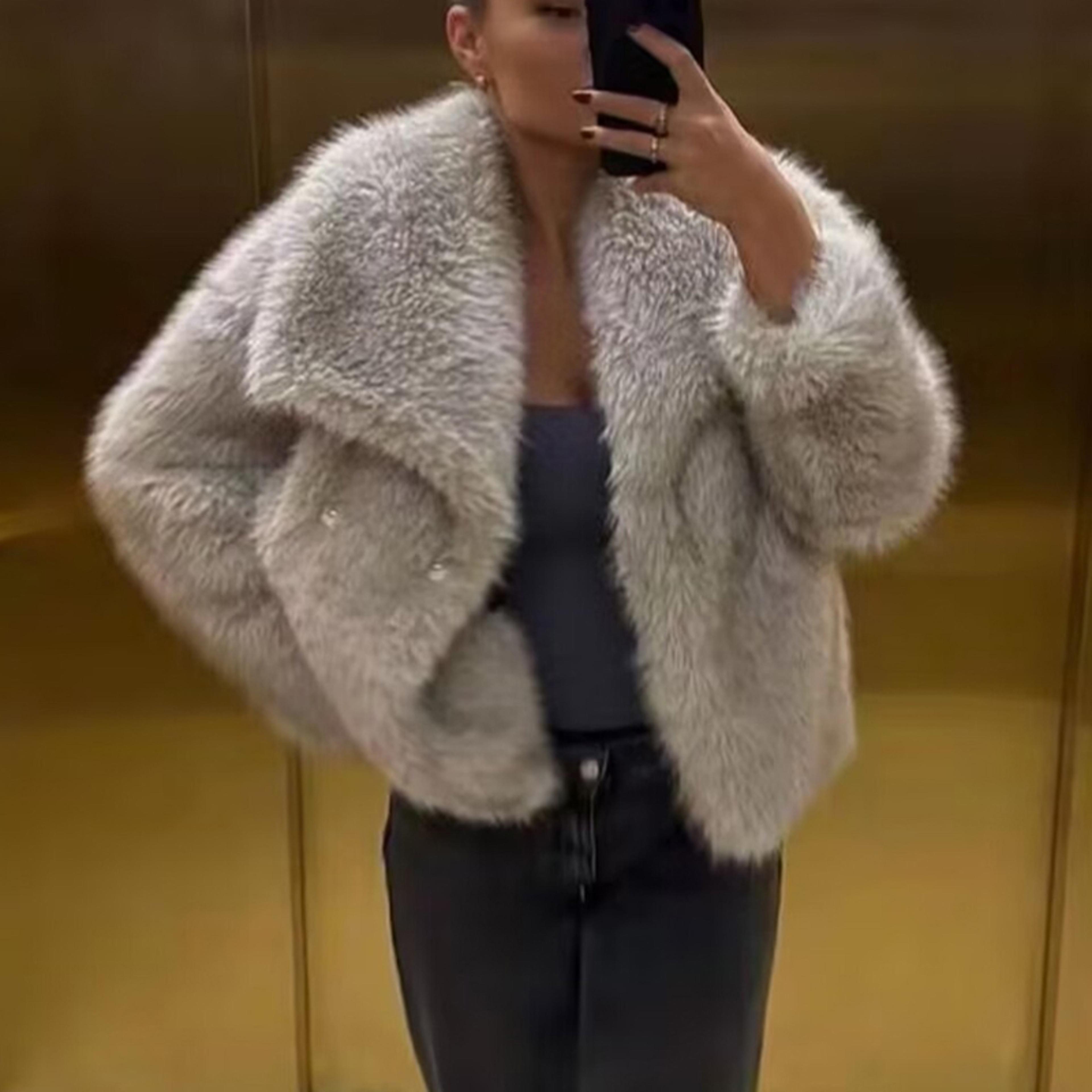 luxurious winter faux fur coat for women, warm plush fluffy jacket, autumn outerwear in red, gray, black, white