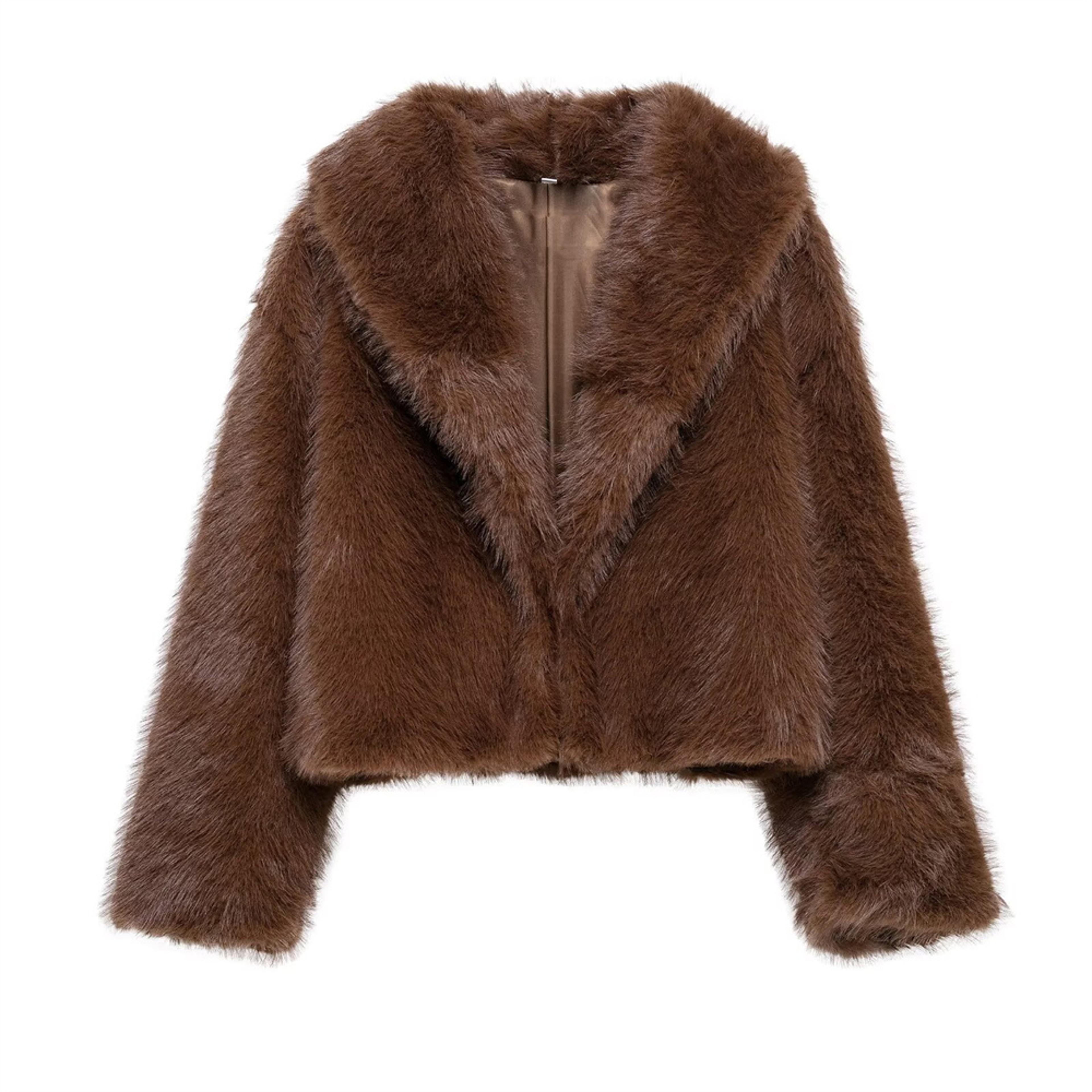 women's solid color fur coat, loose fit short jacket for autumn and winter, warm lapel long sleeve new fashion