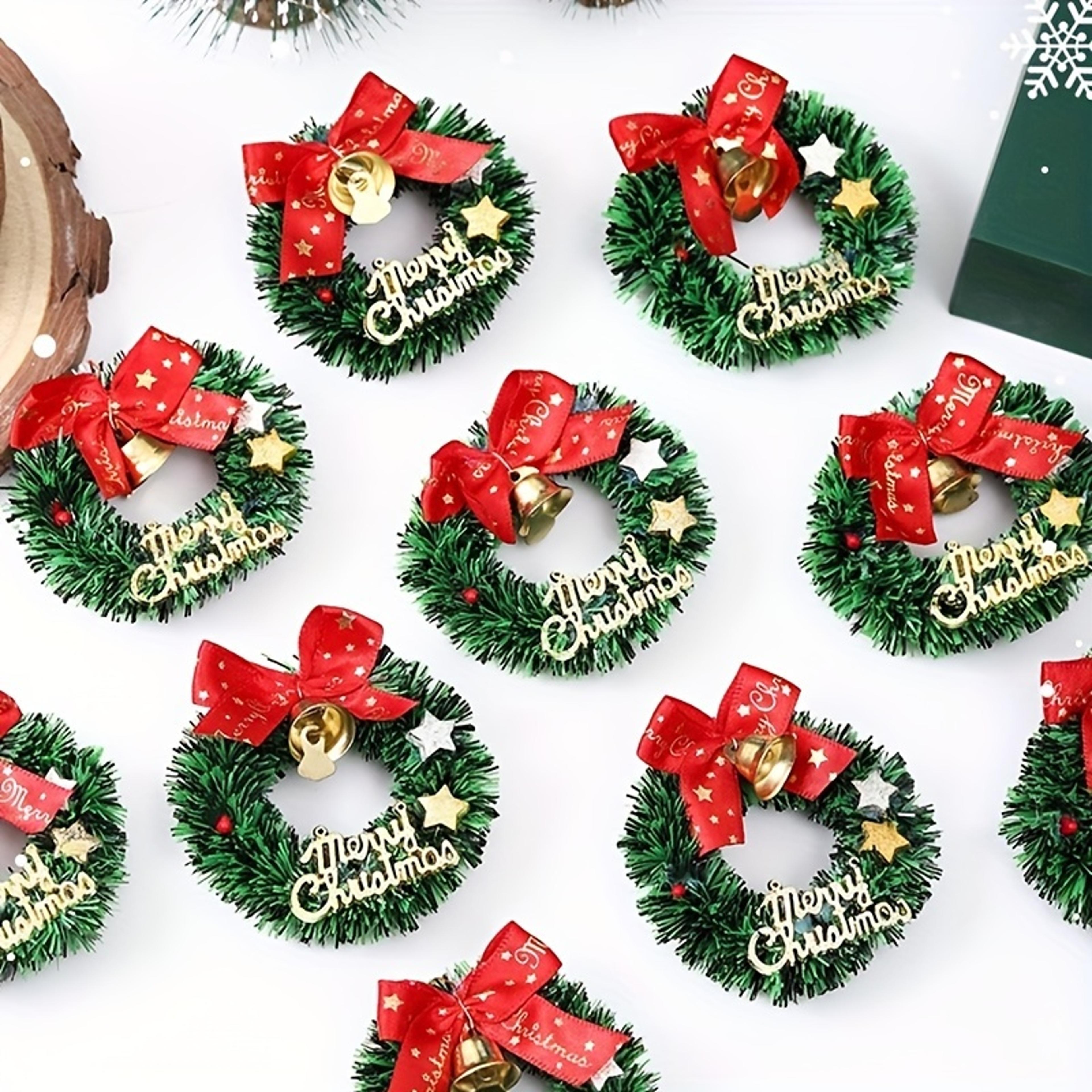 mini christmas wreaths pack, artificial plastic tree ornaments, festive red bows and golden bells decorations