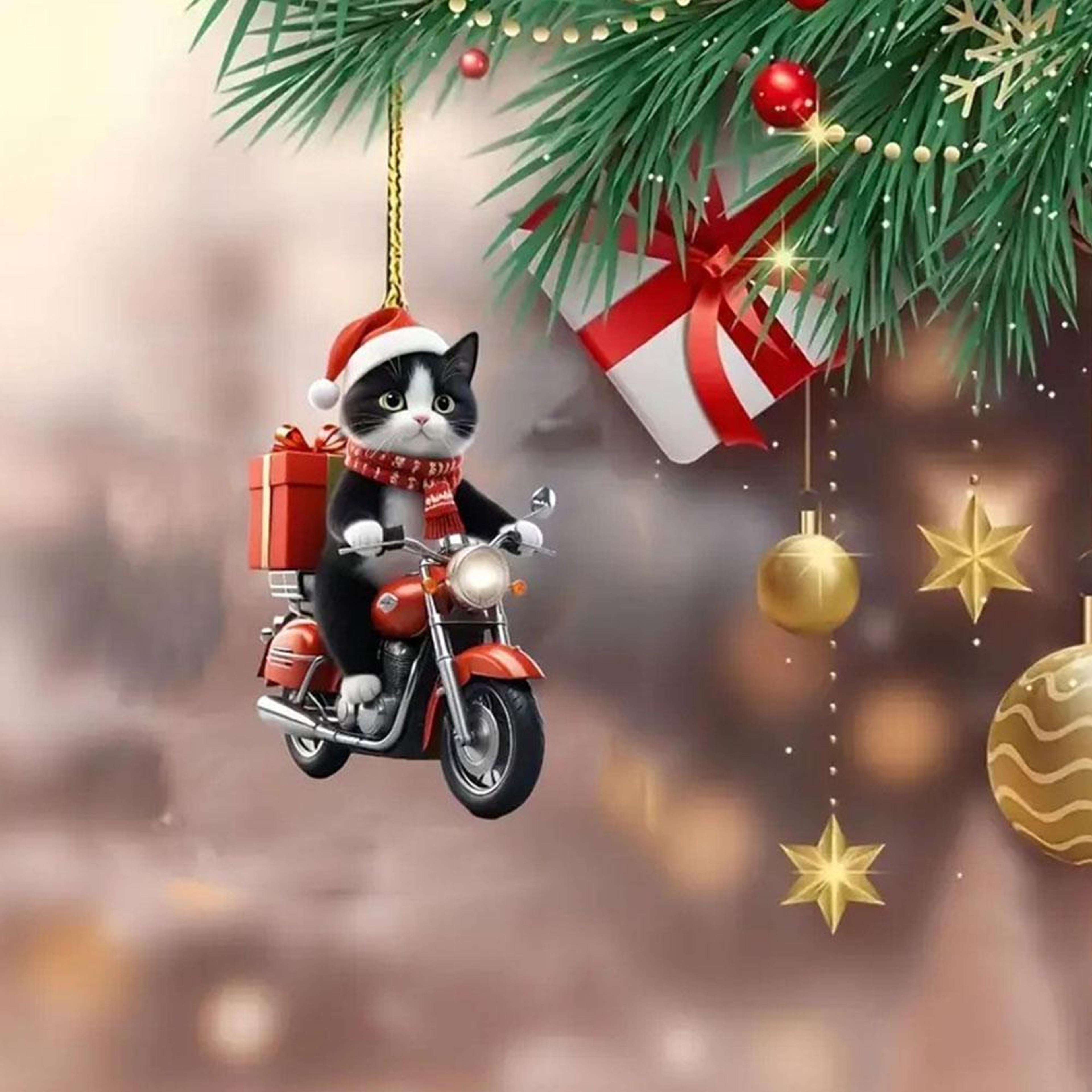 cartoon motorcycle cat acrylic pendant, riding kitten flat ornament, christmas tree and car hanging decoration