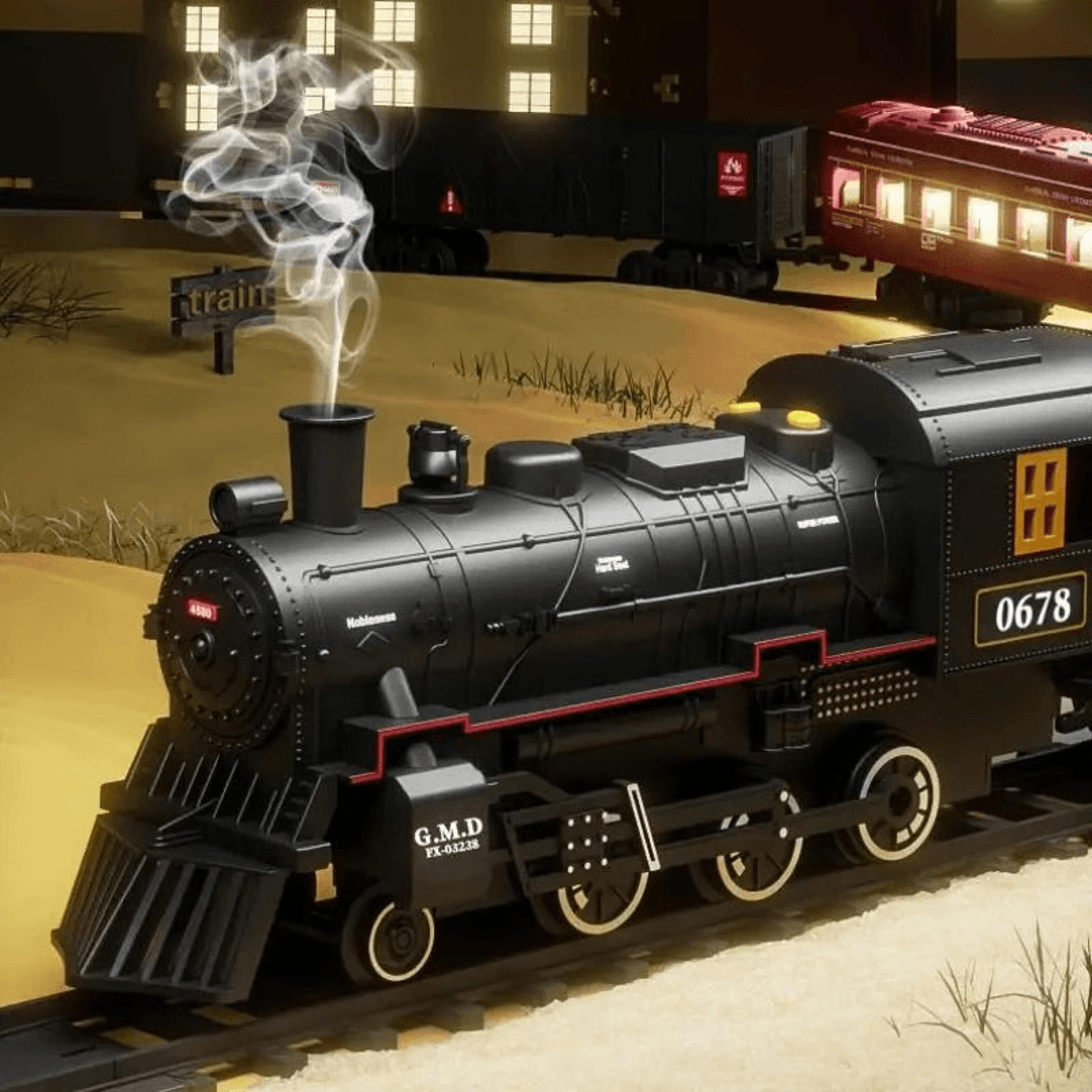 electric train set with steam, lights & sounds, realistic locomotive toy for kids