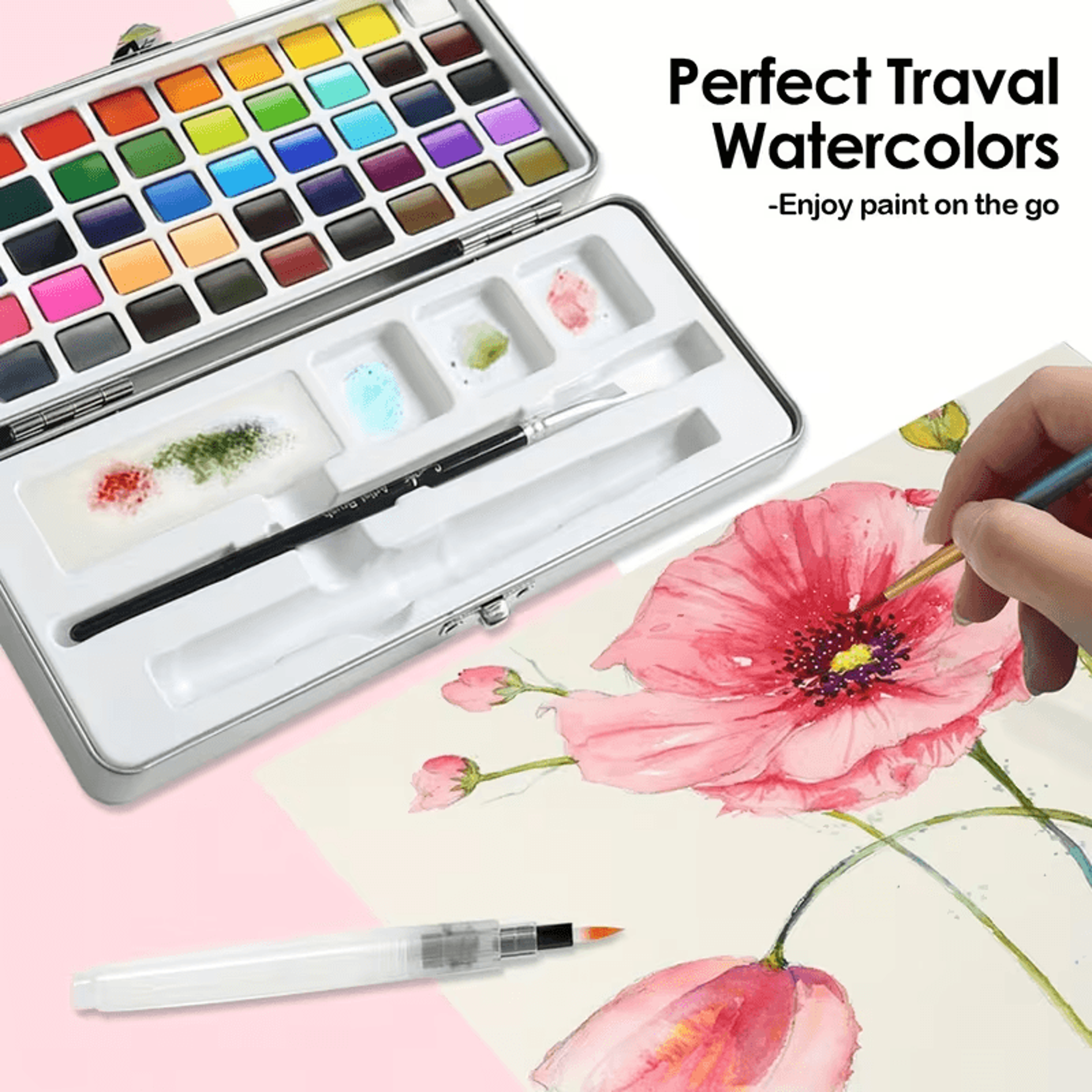 50 color watercolor paint set with brush, portable painting kit for artists
