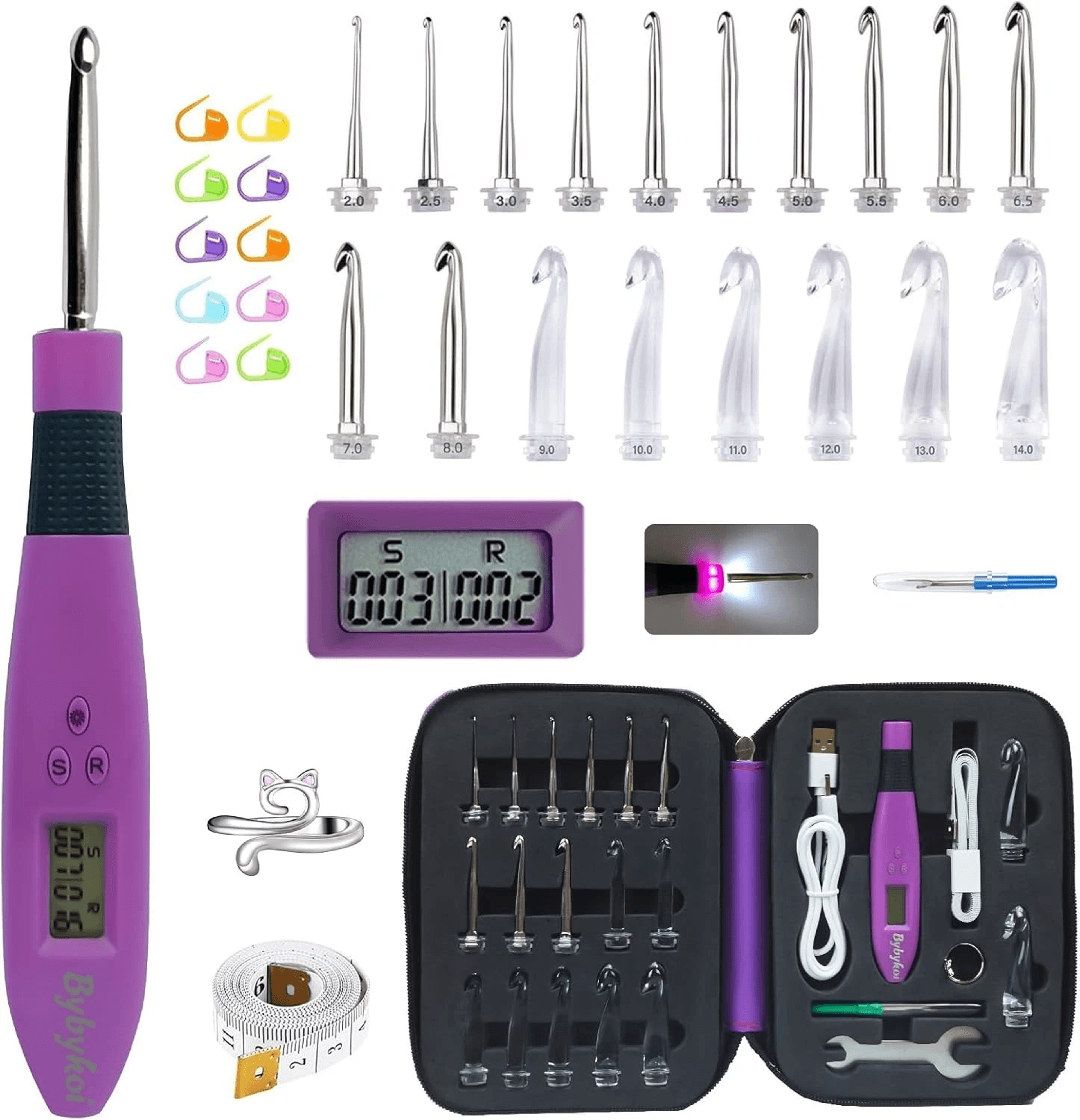 lighted crochet hook set with counter for easy night crochet and less hand strain