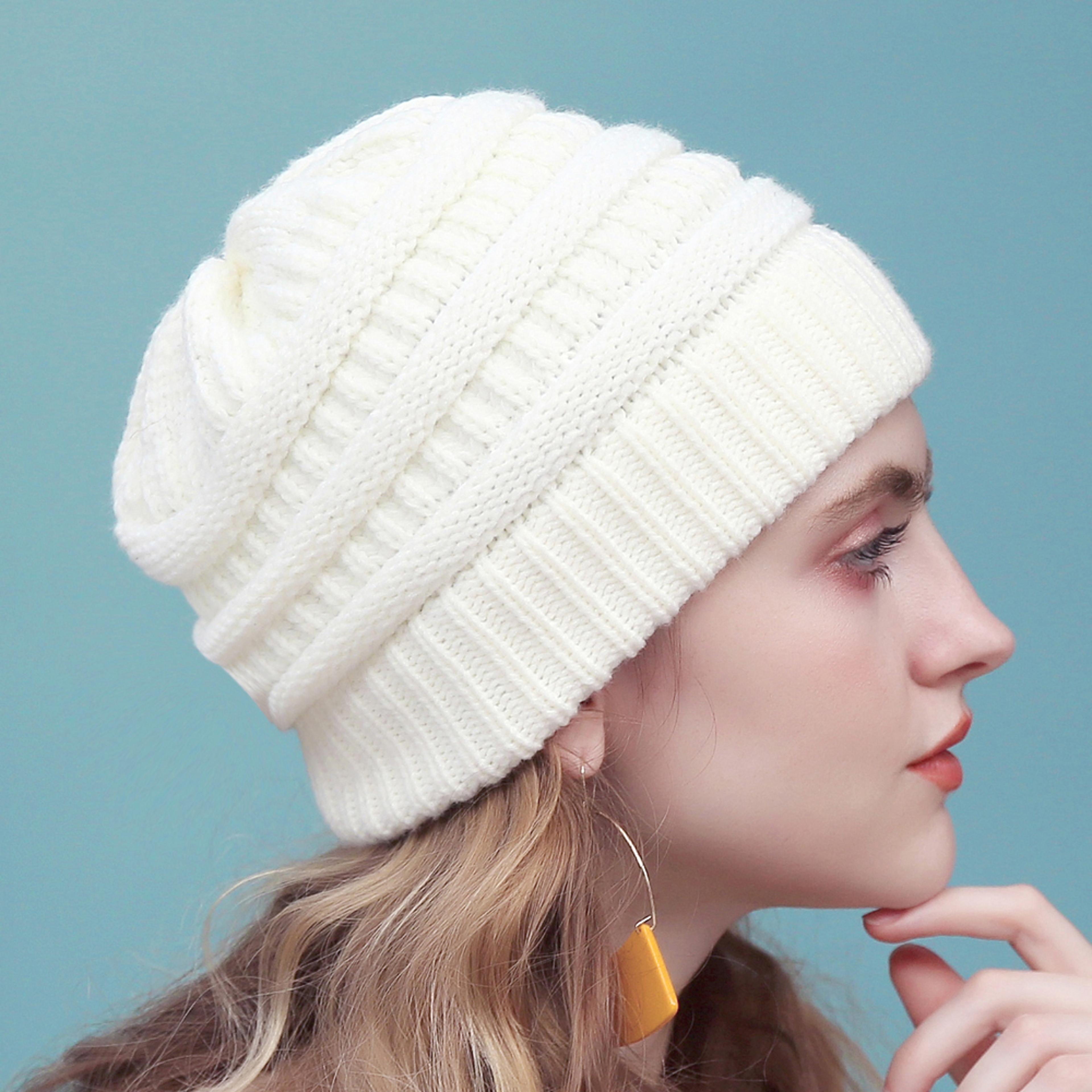warm chunky knit beanie hat for women, soft stretch winter cap