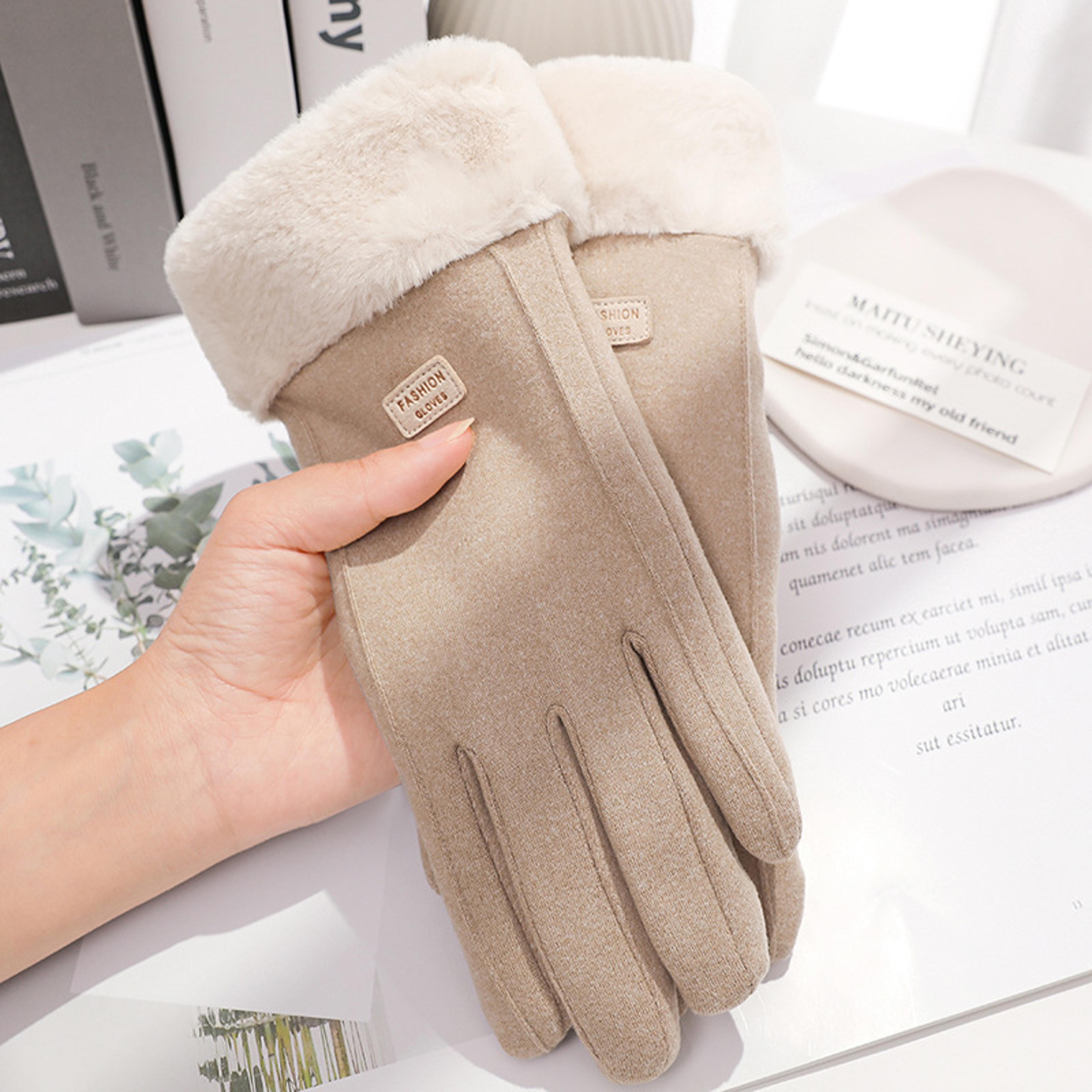 fashionable womens winter gloves, thick plush suede mittens for touchscreen, driving & outdoor sports
