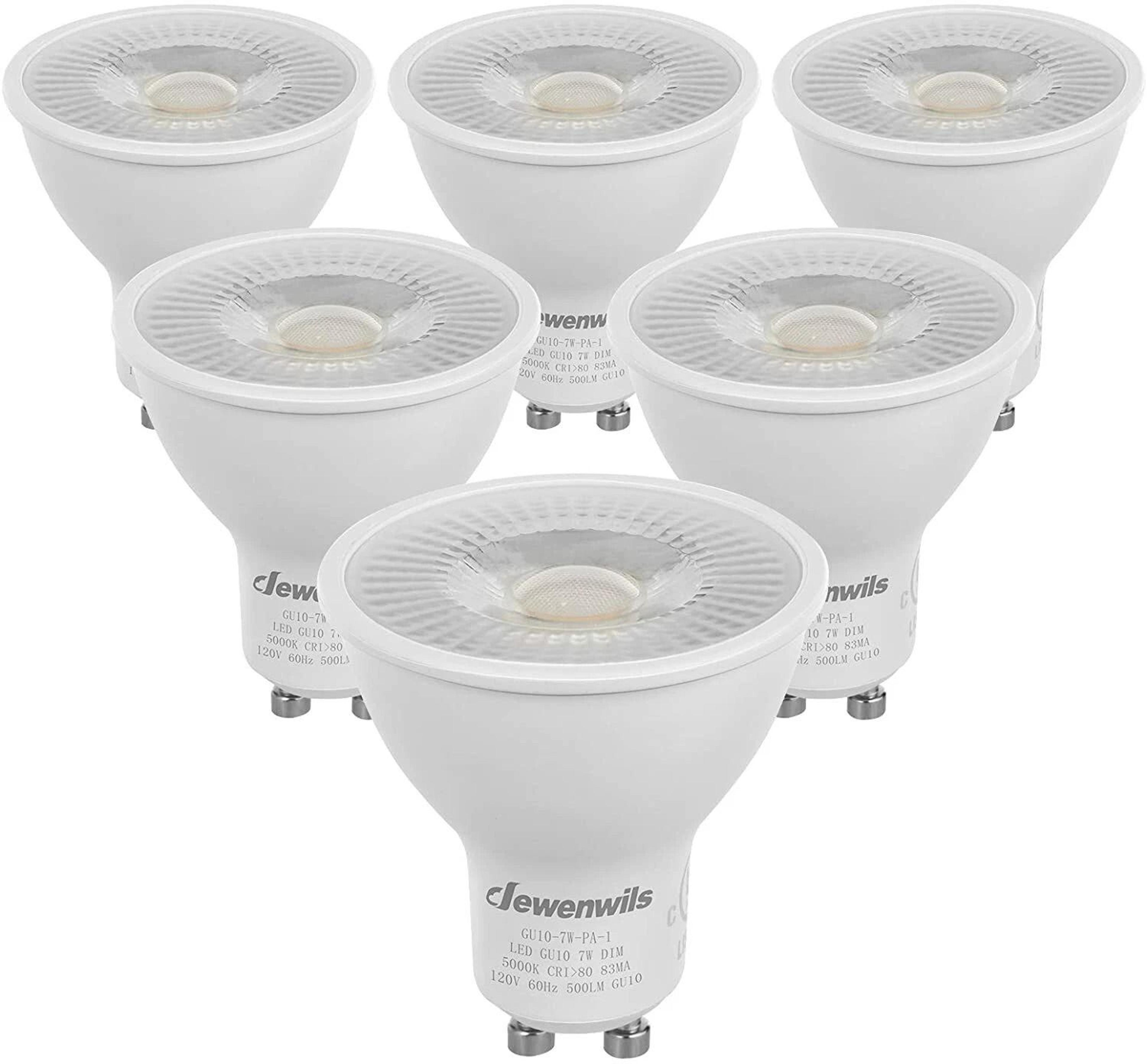 6 pack 5000k gu10 dimmable led light bulbs, 7w energy saving daylight replacement for 50w halogen