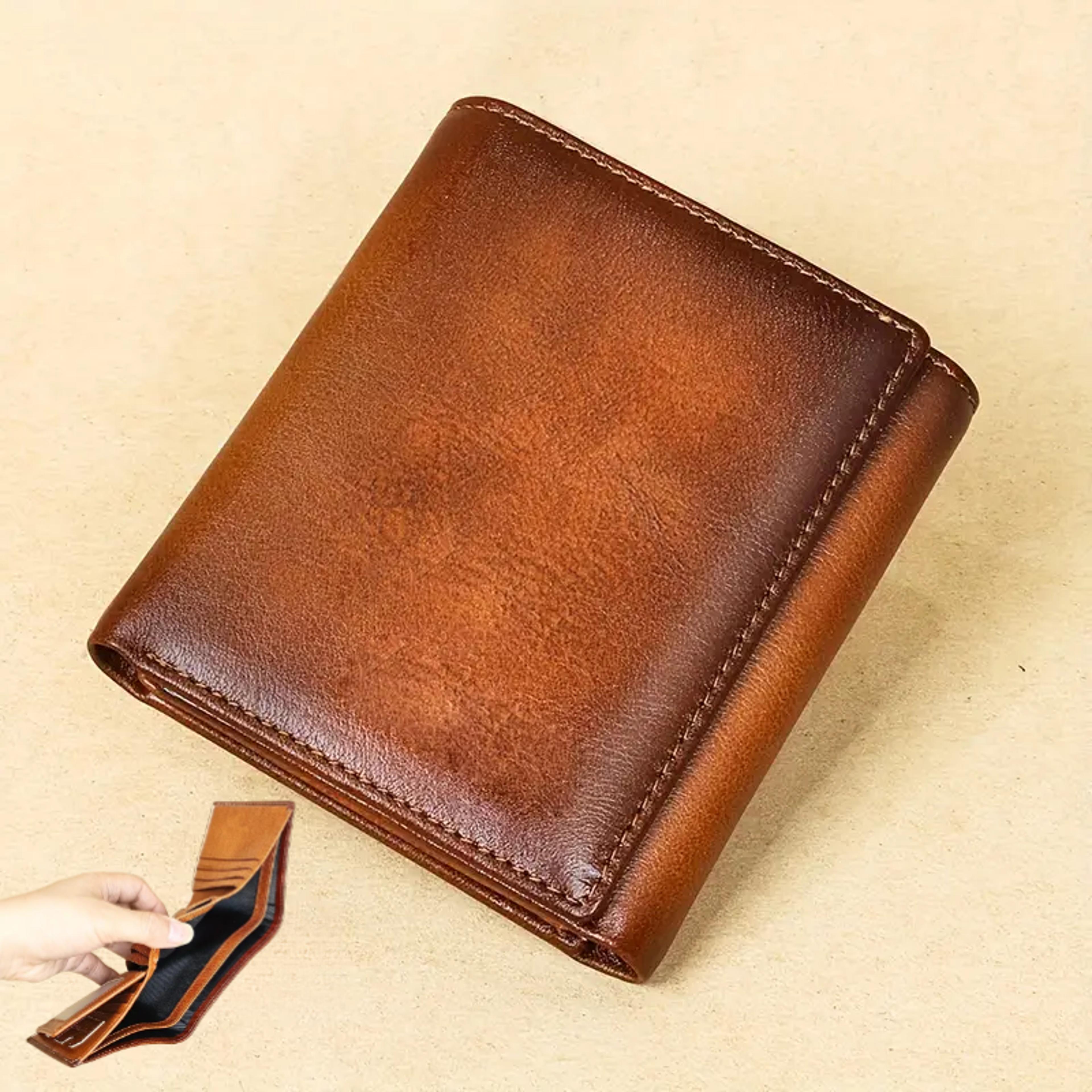 retro mens wallet rfid anti theft brush short style, three fold design, large capacity with photo slot