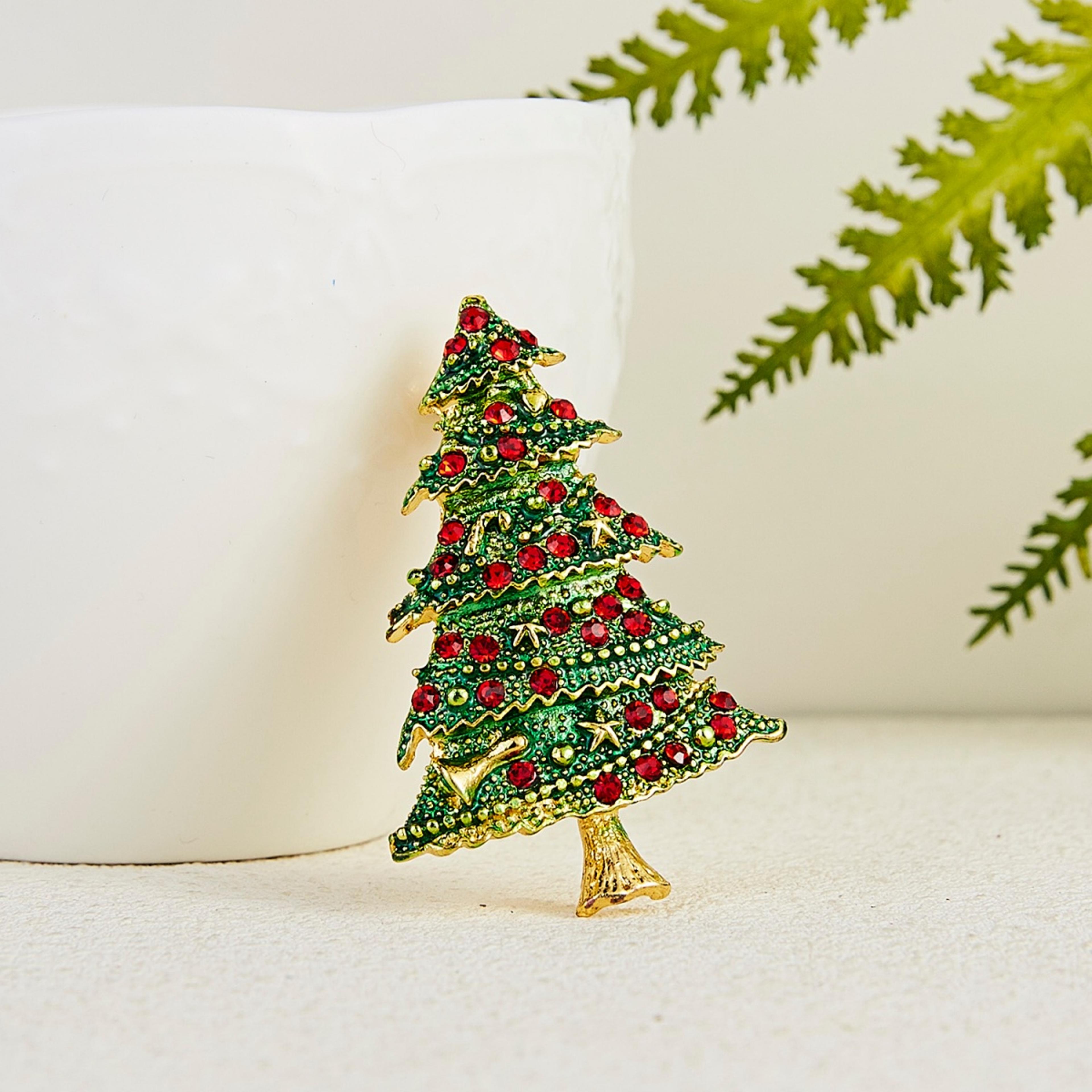 rhinestone star tree brooches, christmas green enamel pins, festival badges, holiday jewelry gifts for women men