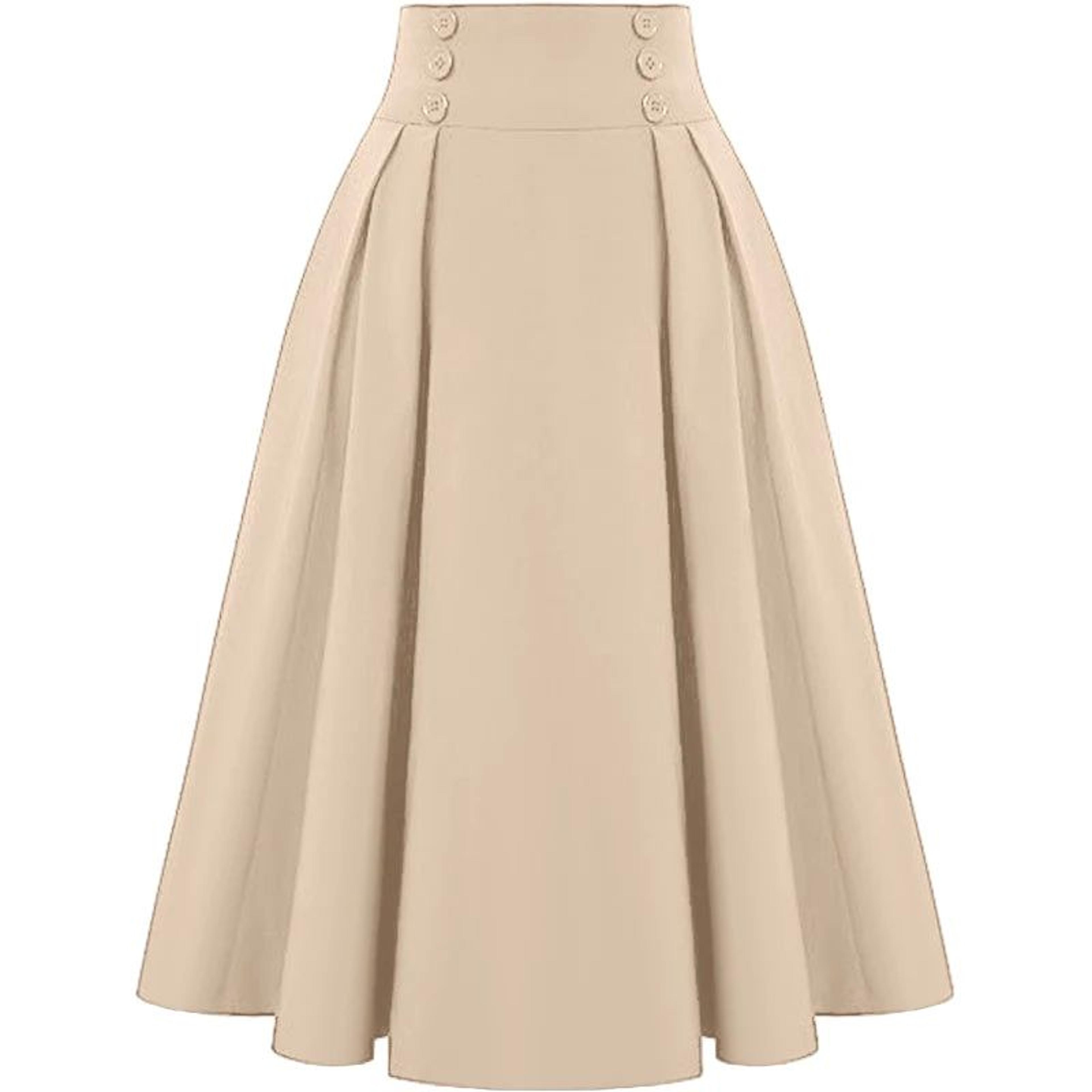women solid long skirts, vintage high waisted pleating jupe, spring a-line skirts, fashion buttons maxi