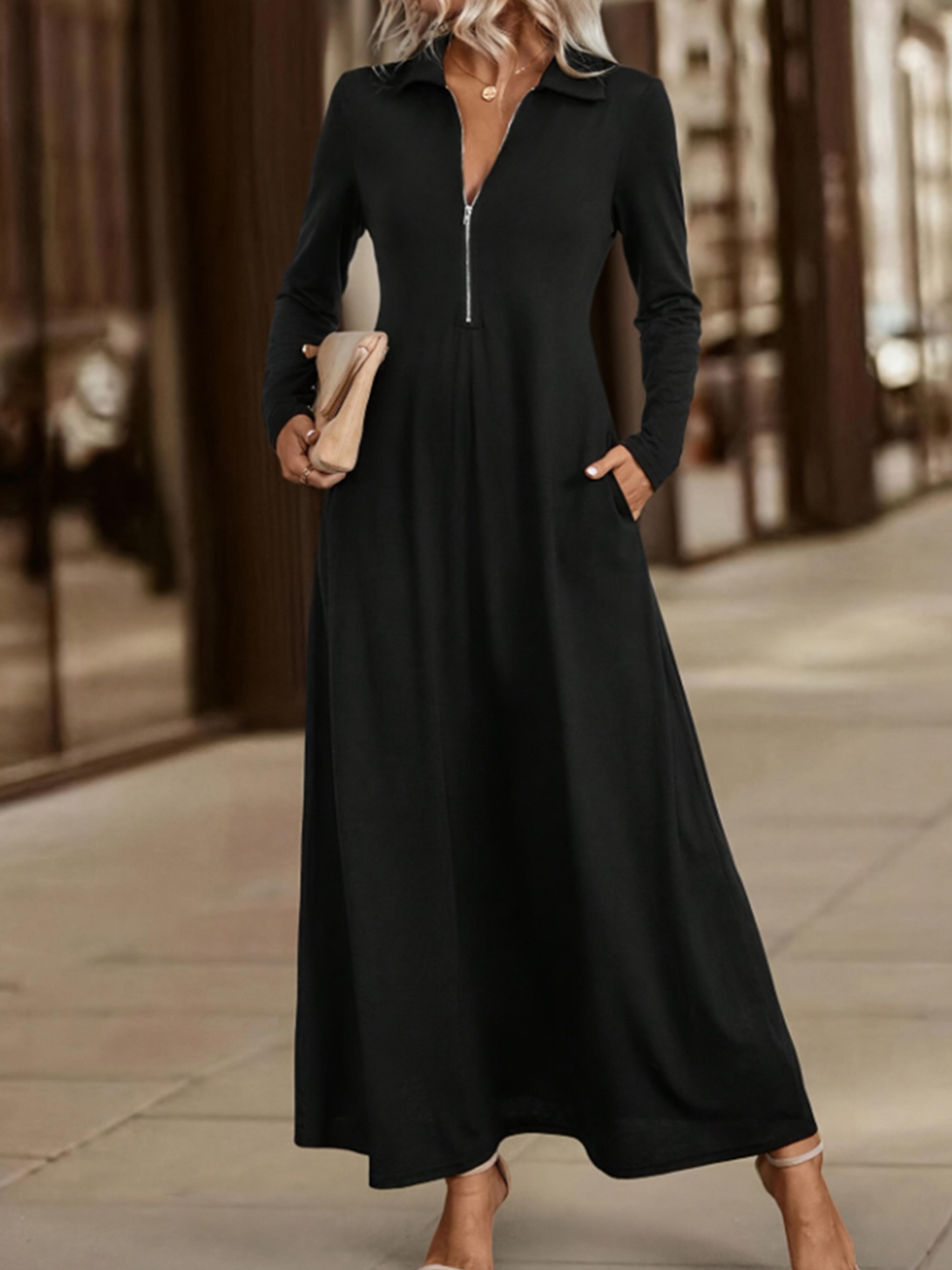 women's elegant solid maxi dress with pockets, simple long skirt, slim long sleeves shirt dress spring autumn