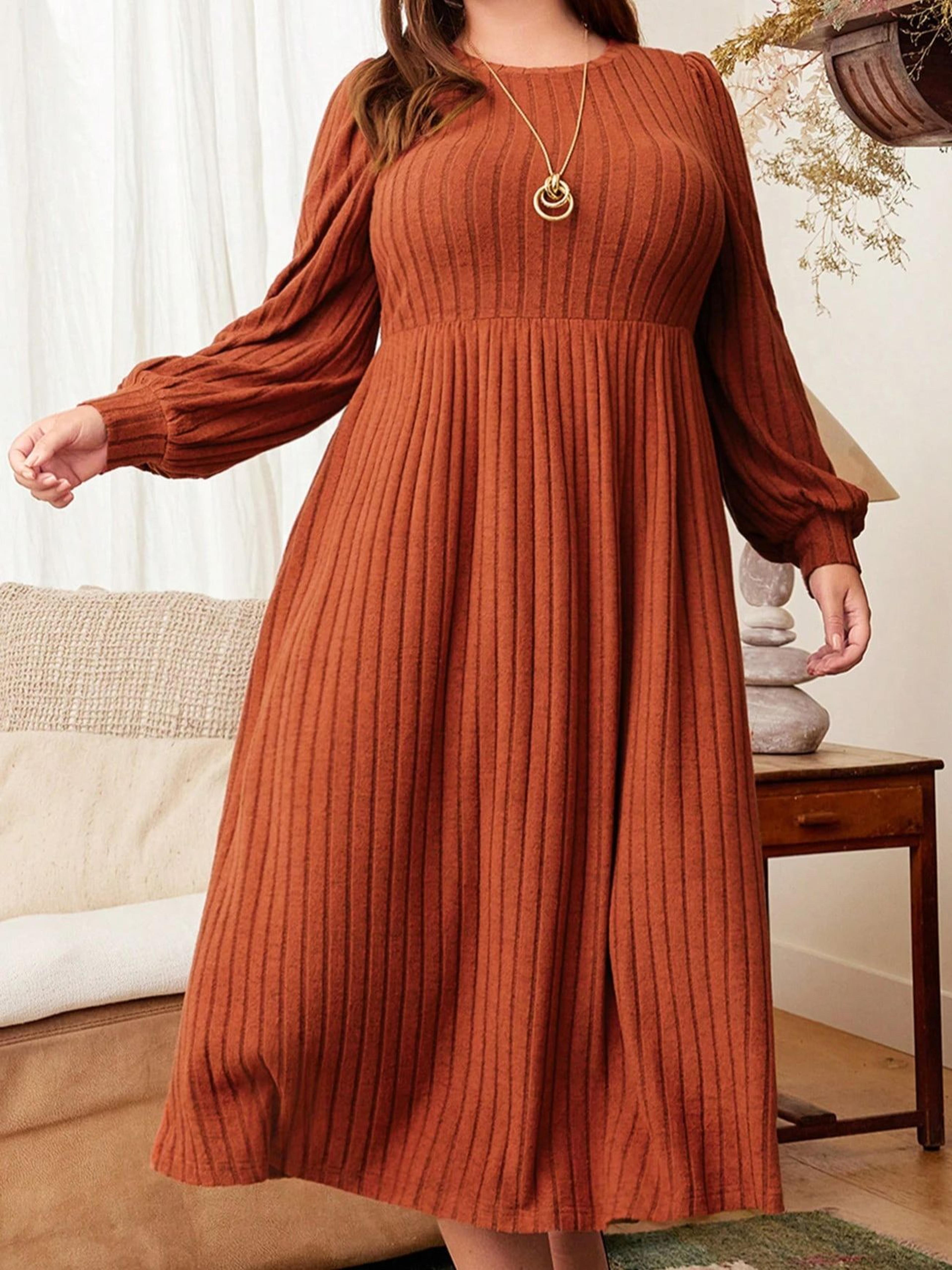 solid color plus size womens autumn and winter dresses, round neck long sleeve maxi dress for everyday wear