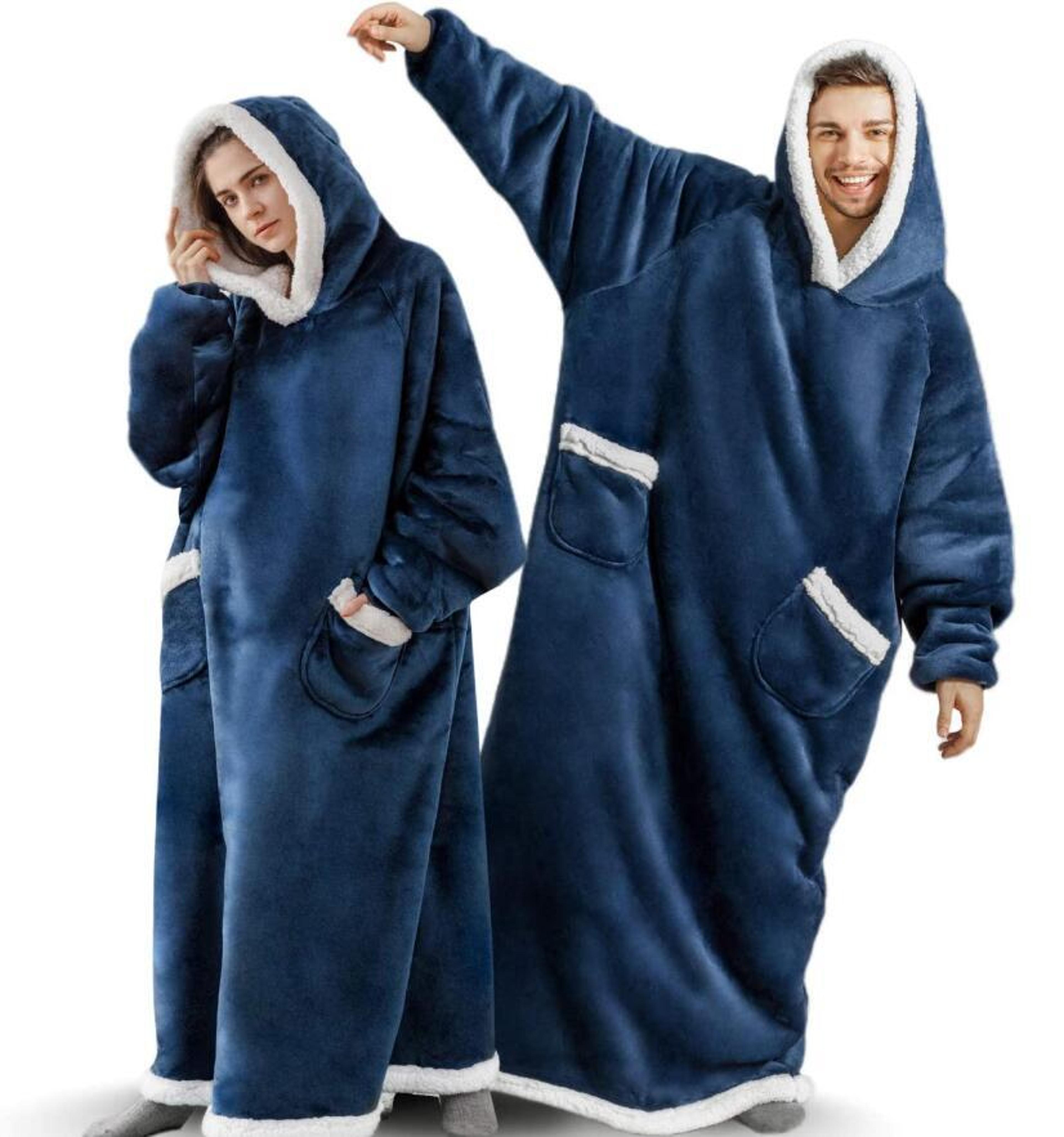 oversized super long flannel blanket with sleeves, winter hoodie sweatshirt pullover for women men, giant tv fleece