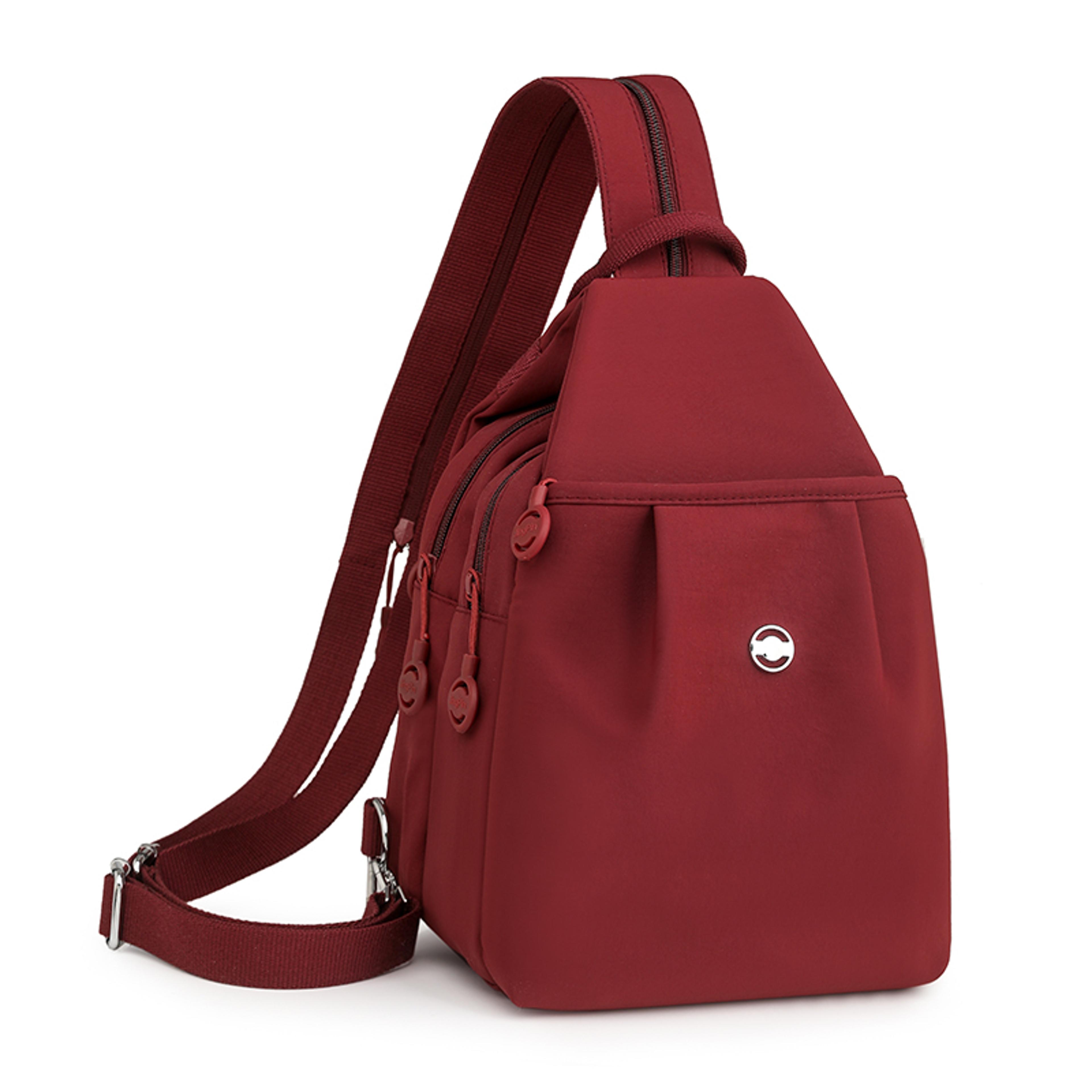 wine red womens chest bag in nylon with large capacity travel crossbody design