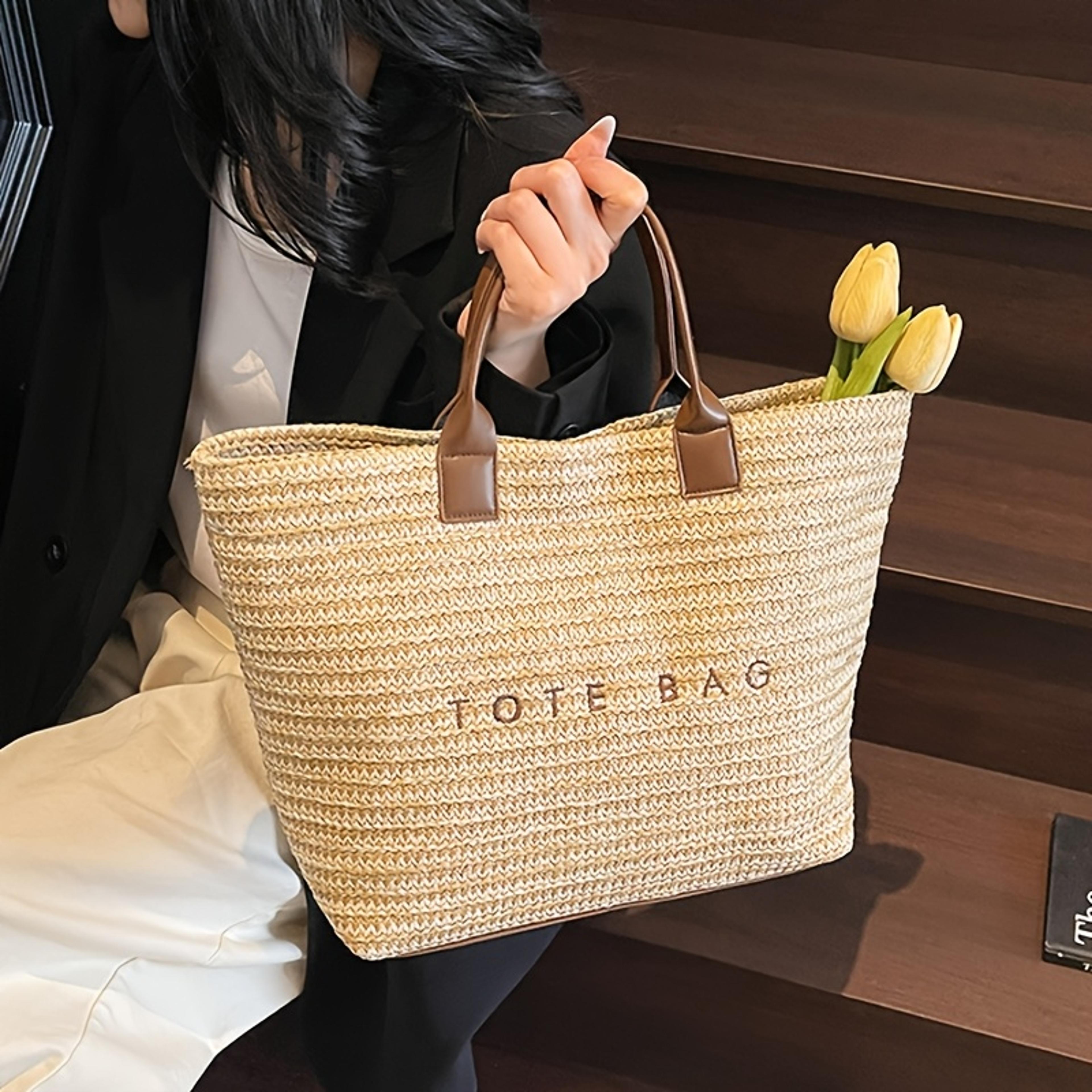 large capacity letter embroidered woven tote bag for women