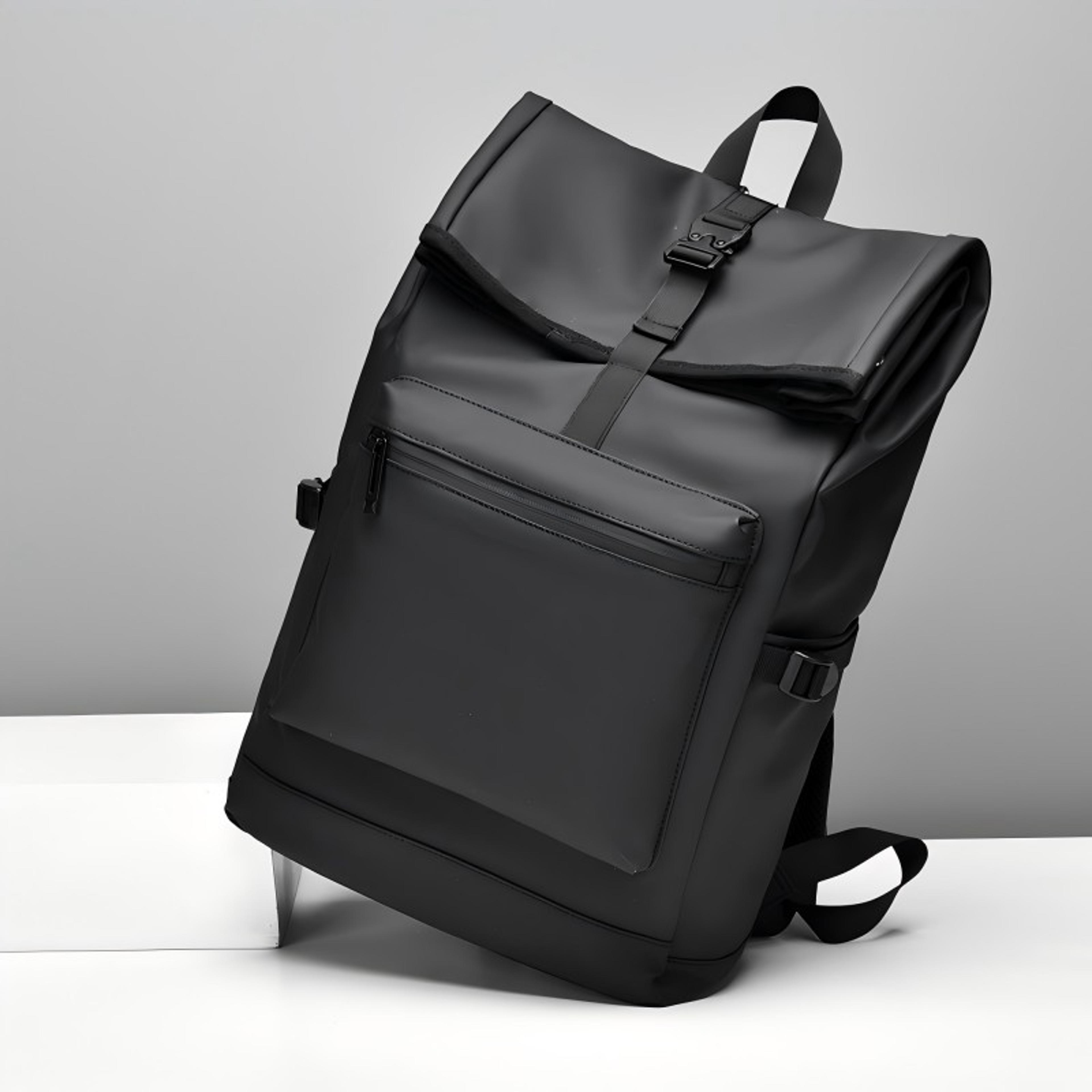 large capacity black travel backpack with multiple compartments