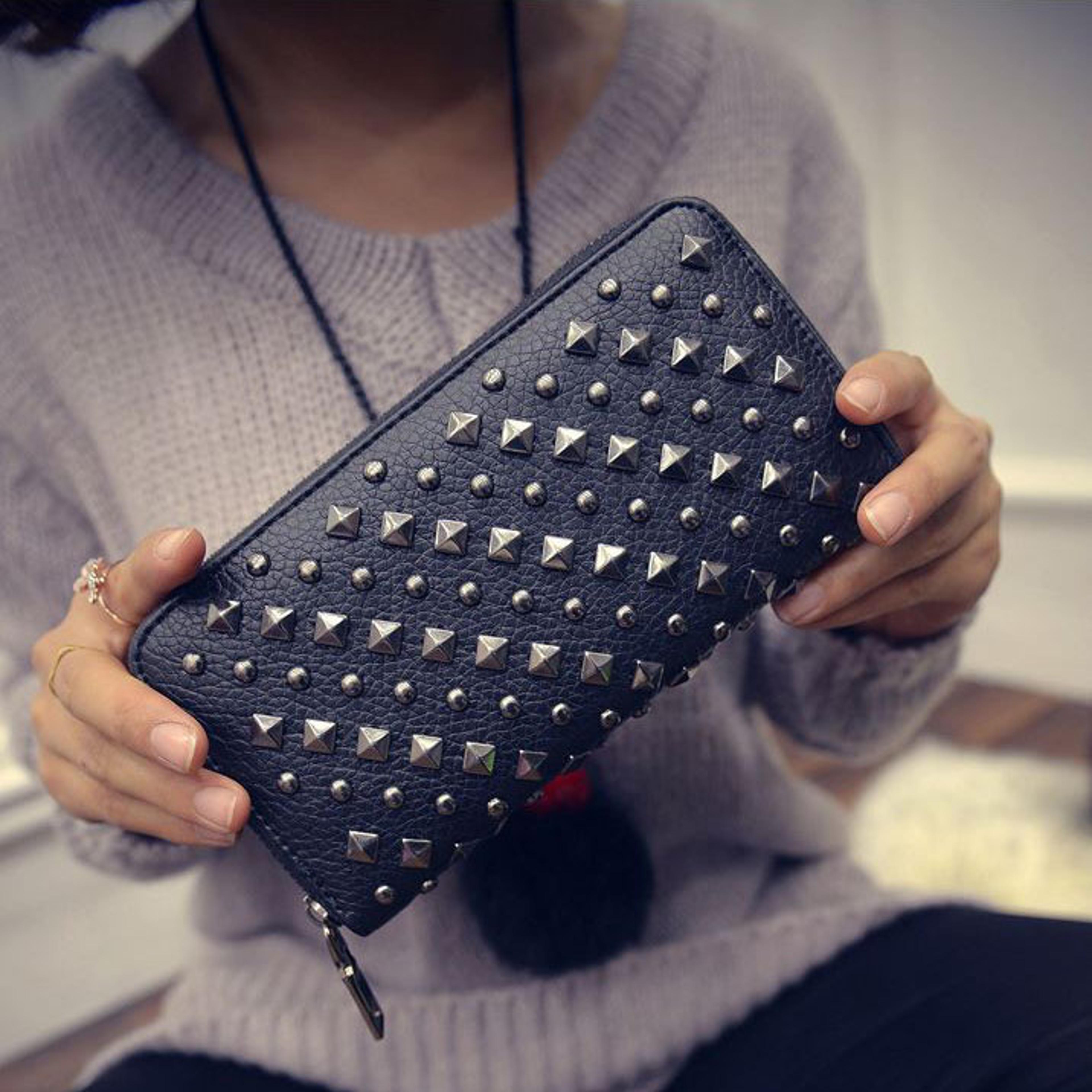 vintage rivet long wallet for women with card holder and coin pocket