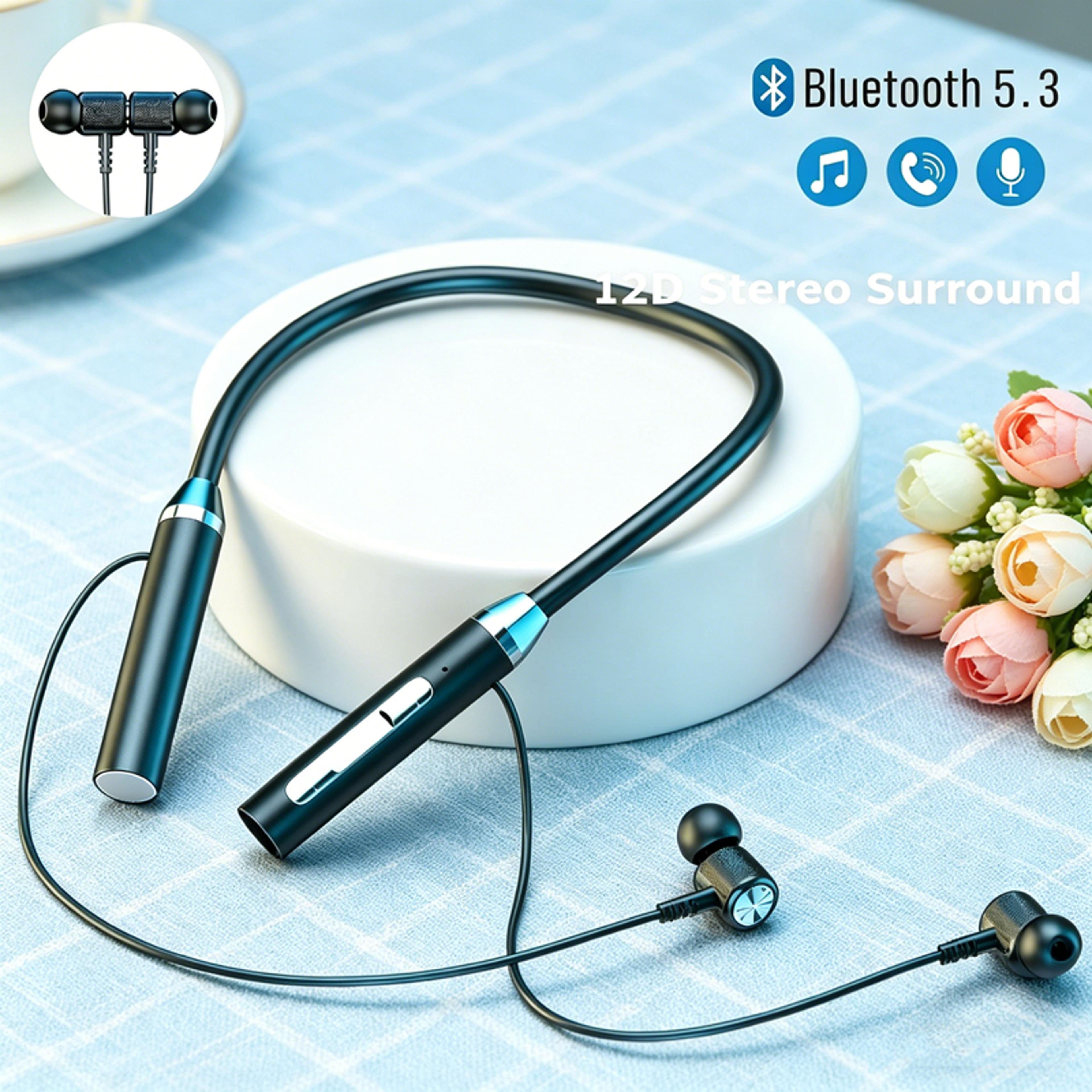 bluetooth wireless neckband headphones with magnetic earbuds and mic