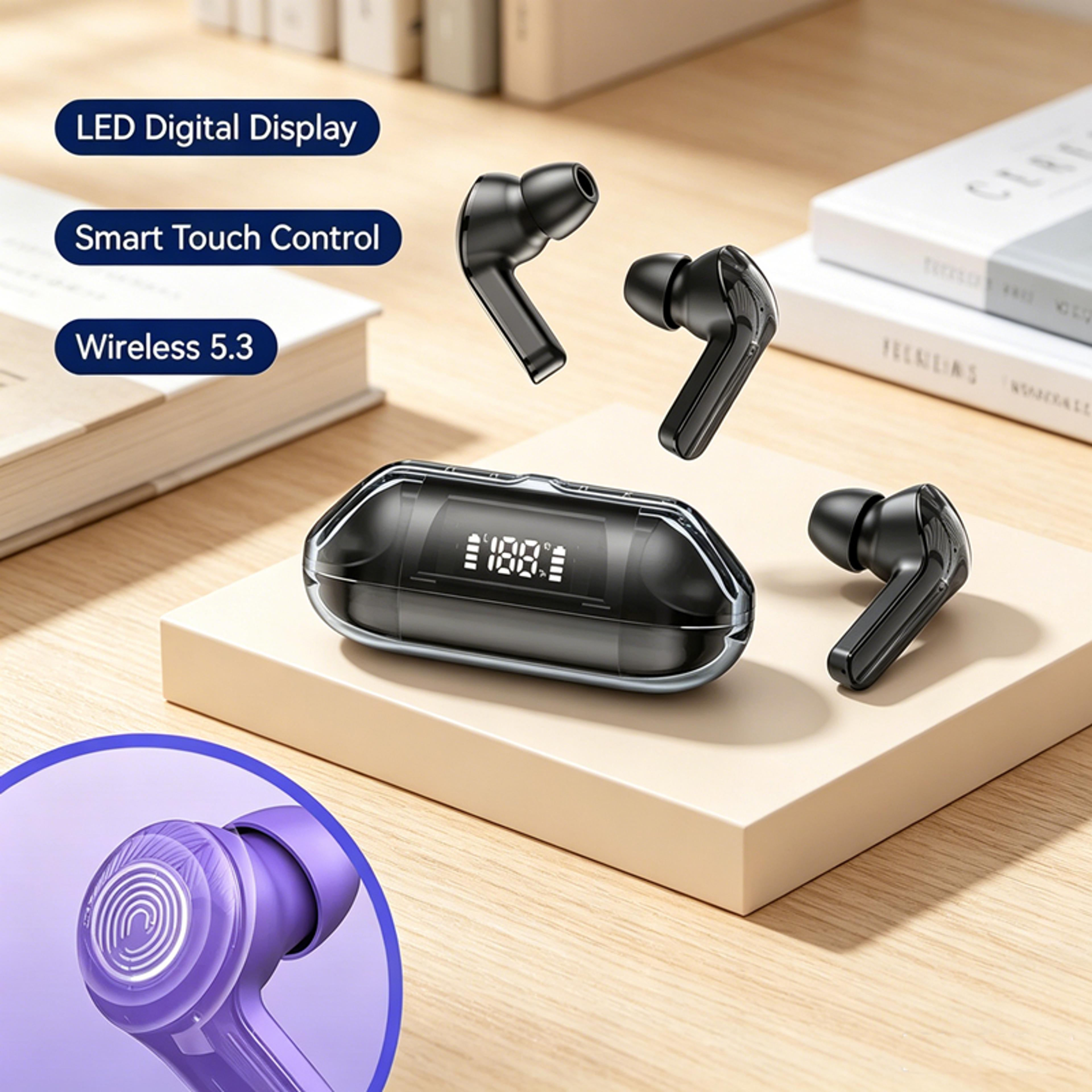 led display wireless earbuds with mic noise reduction sports gaming headset
