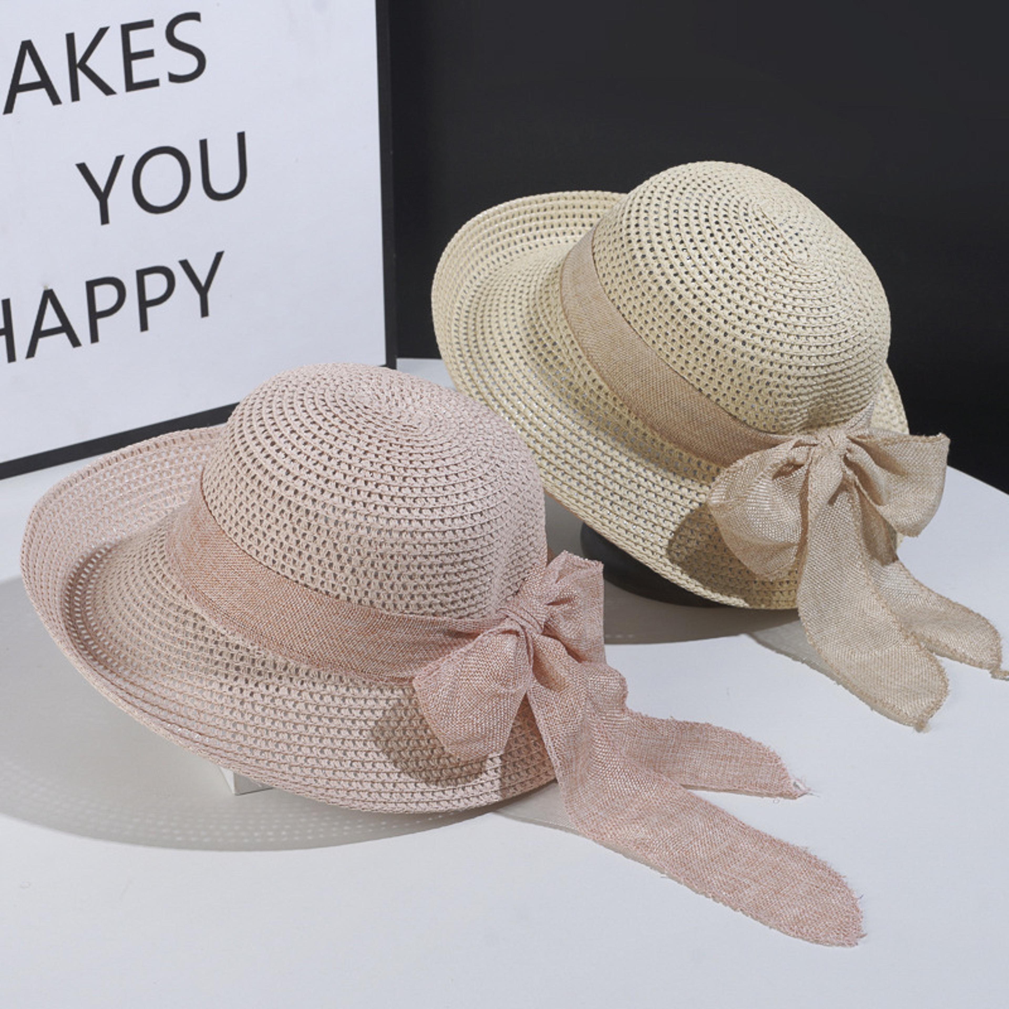 foldable straw fedora sun hat with bowknot for women