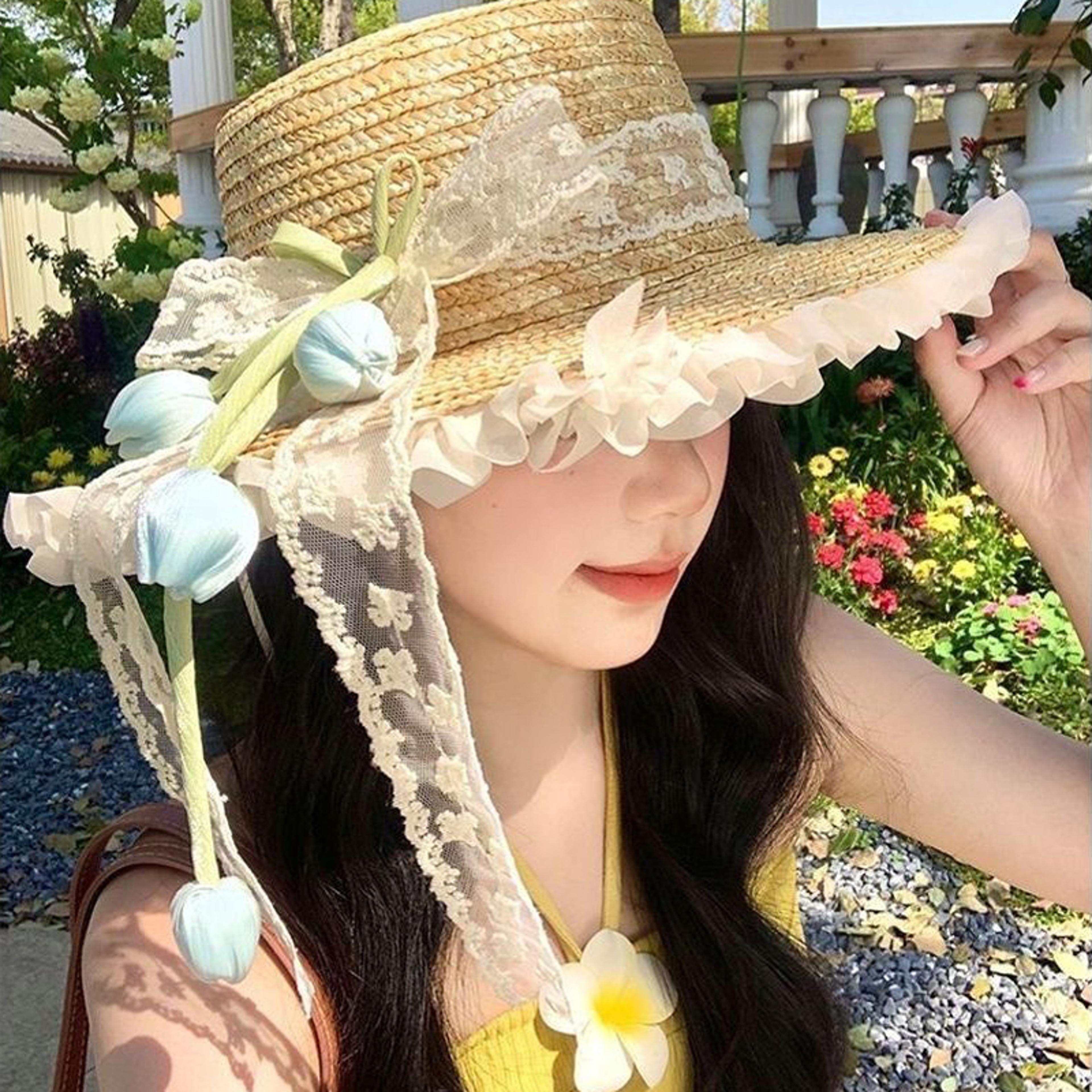 womens tulip straw sun hat with bow ribbon lightweight beach sun hat