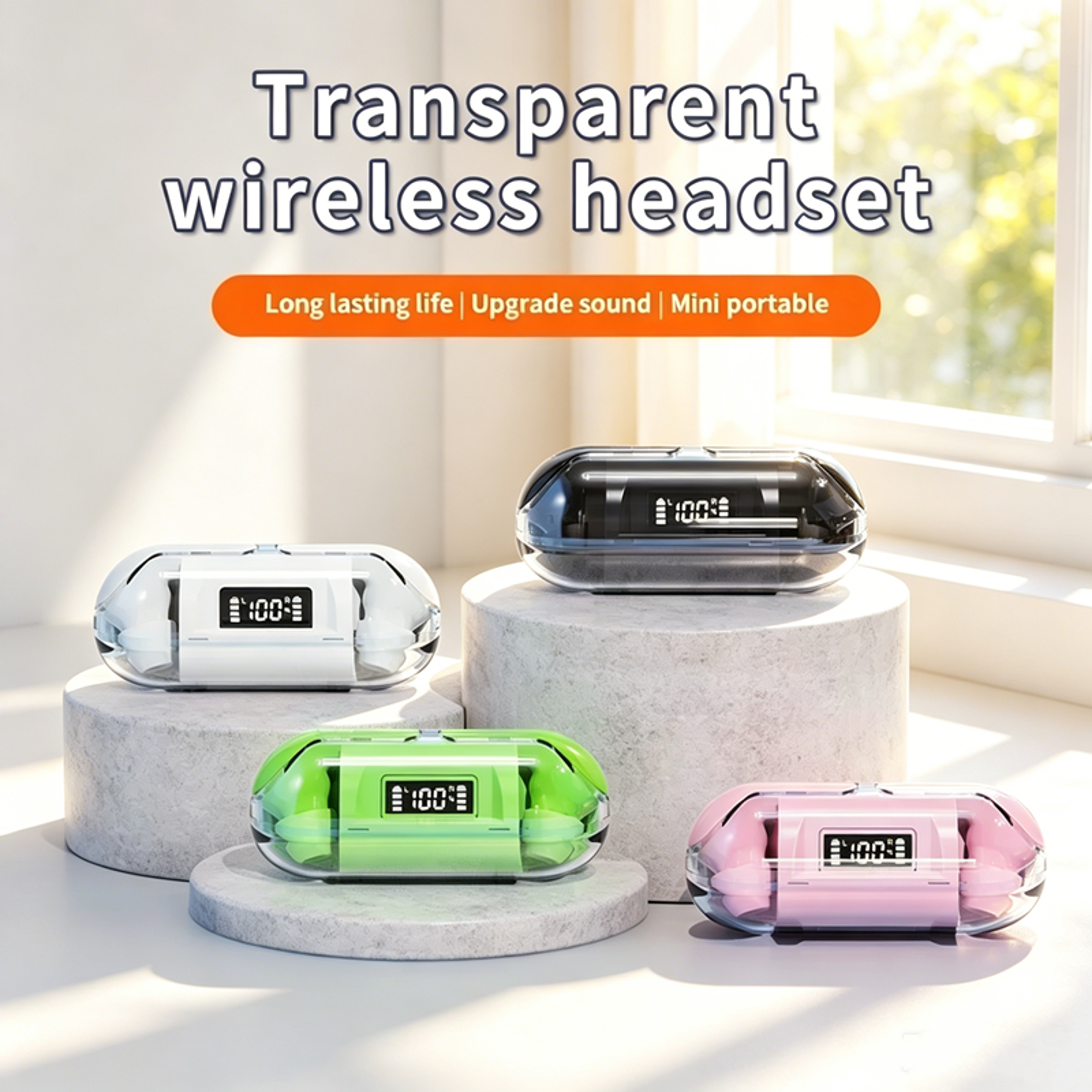 transparent bluetooth wireless earbuds with led power display and mic