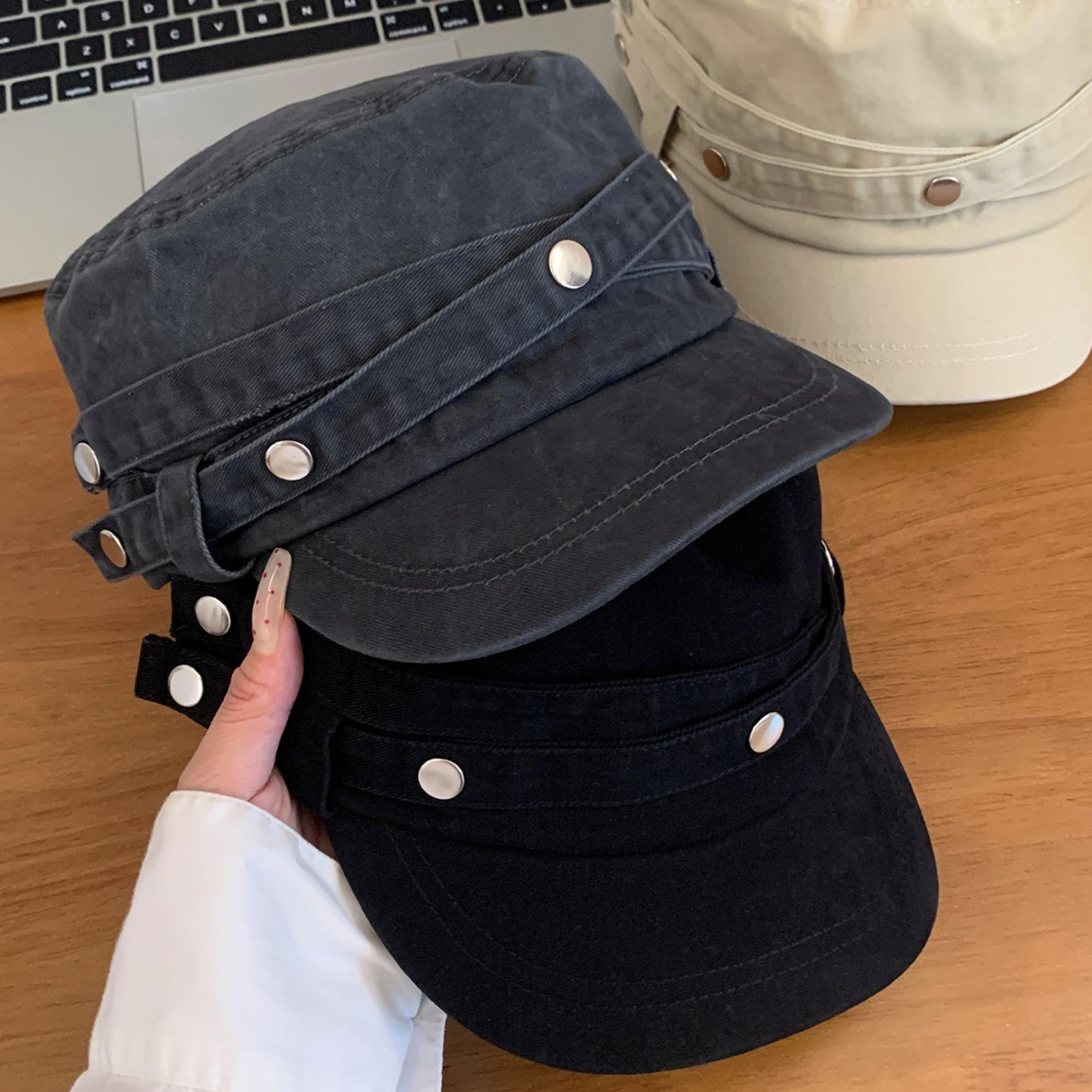 retro vintage rivet flat top duck tongue cap womens military style casual fashion hat
