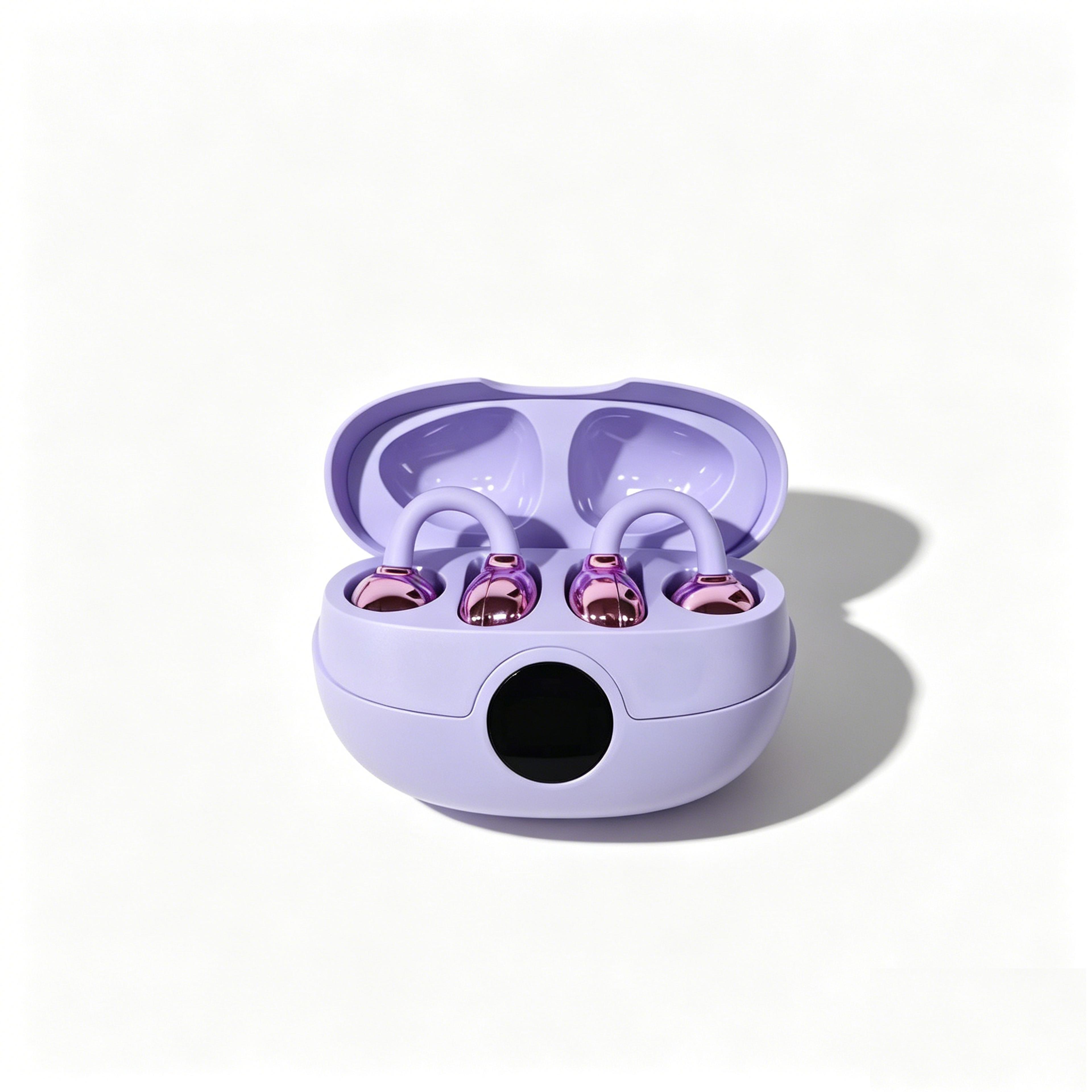 clip on wireless earphones with digital battery display and noise reduction mic