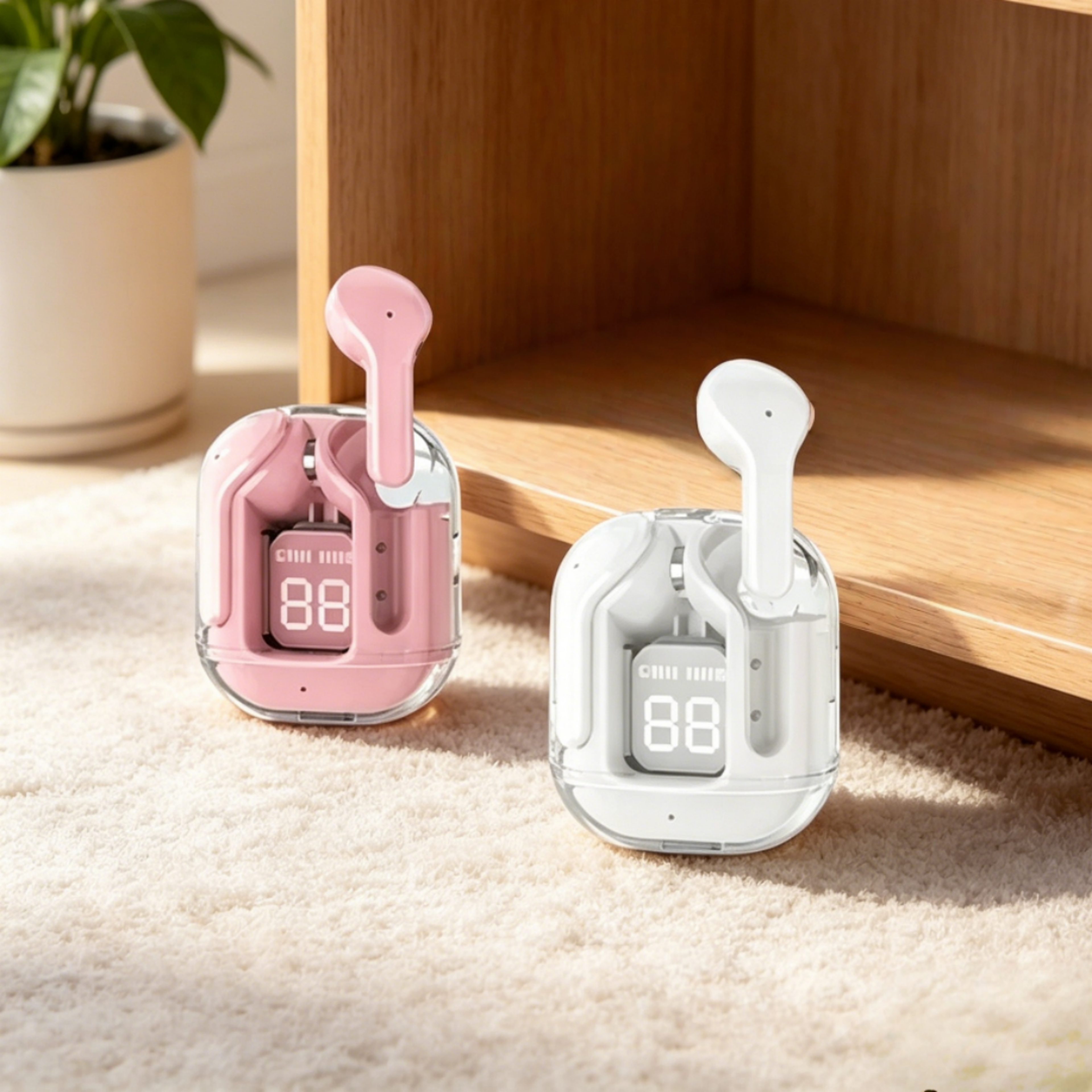 transparent tws bluetooth earbuds with hifi sound and led power display
