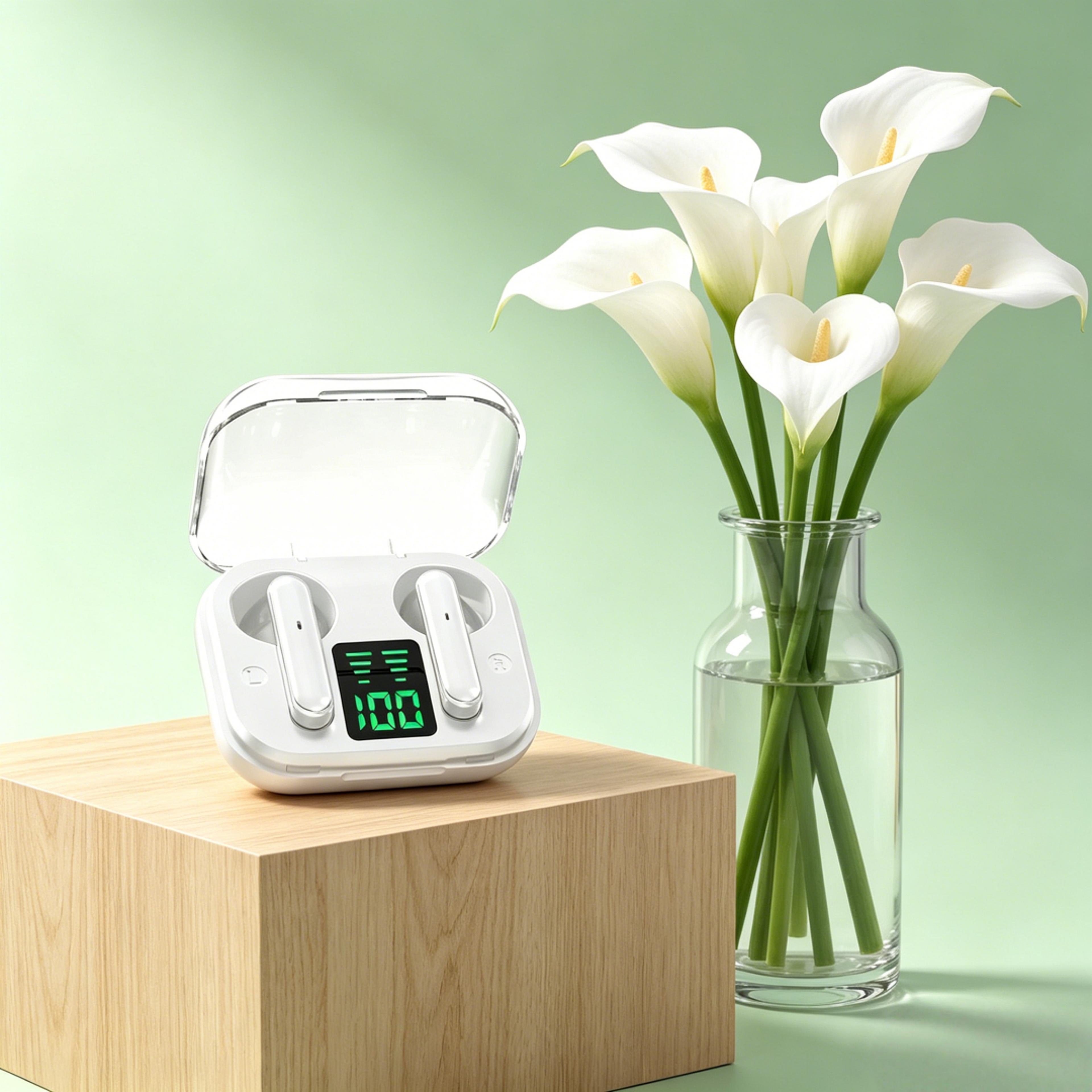 transparent tws wireless bluetooth headset with enc mic and led power display