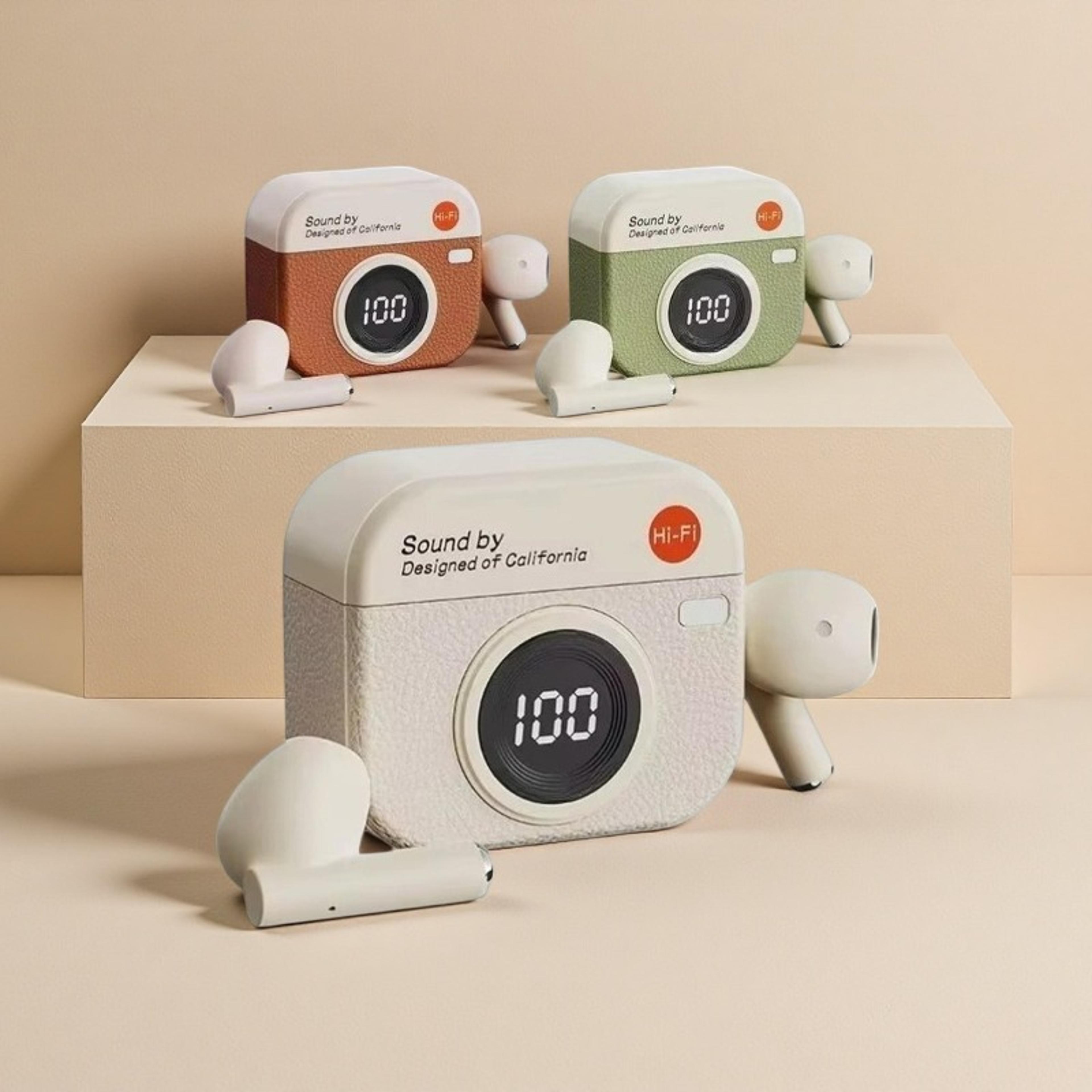 retro camera tws wireless earbuds with stereo sound