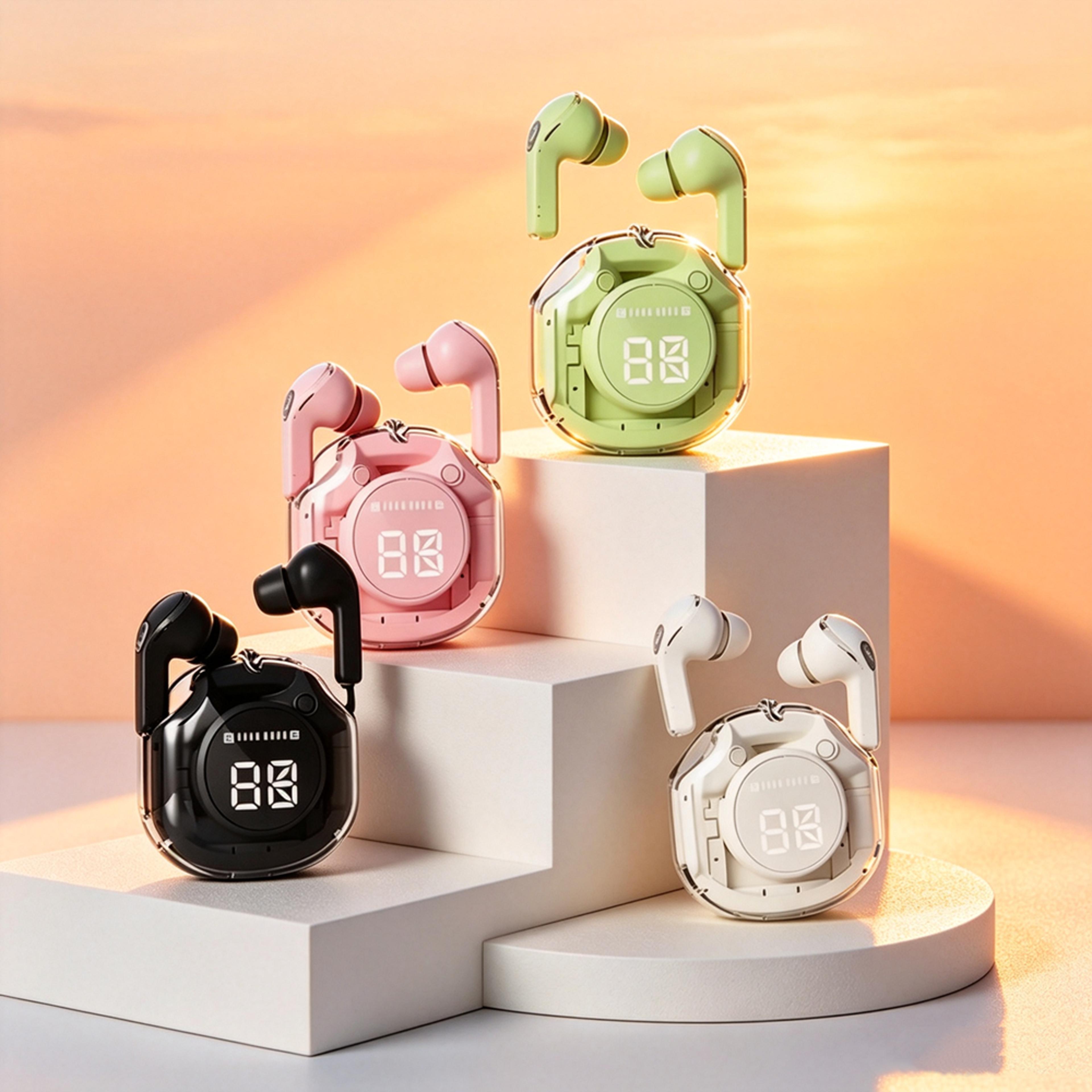 clearbeat transparent enc wireless earbuds with led battery display
