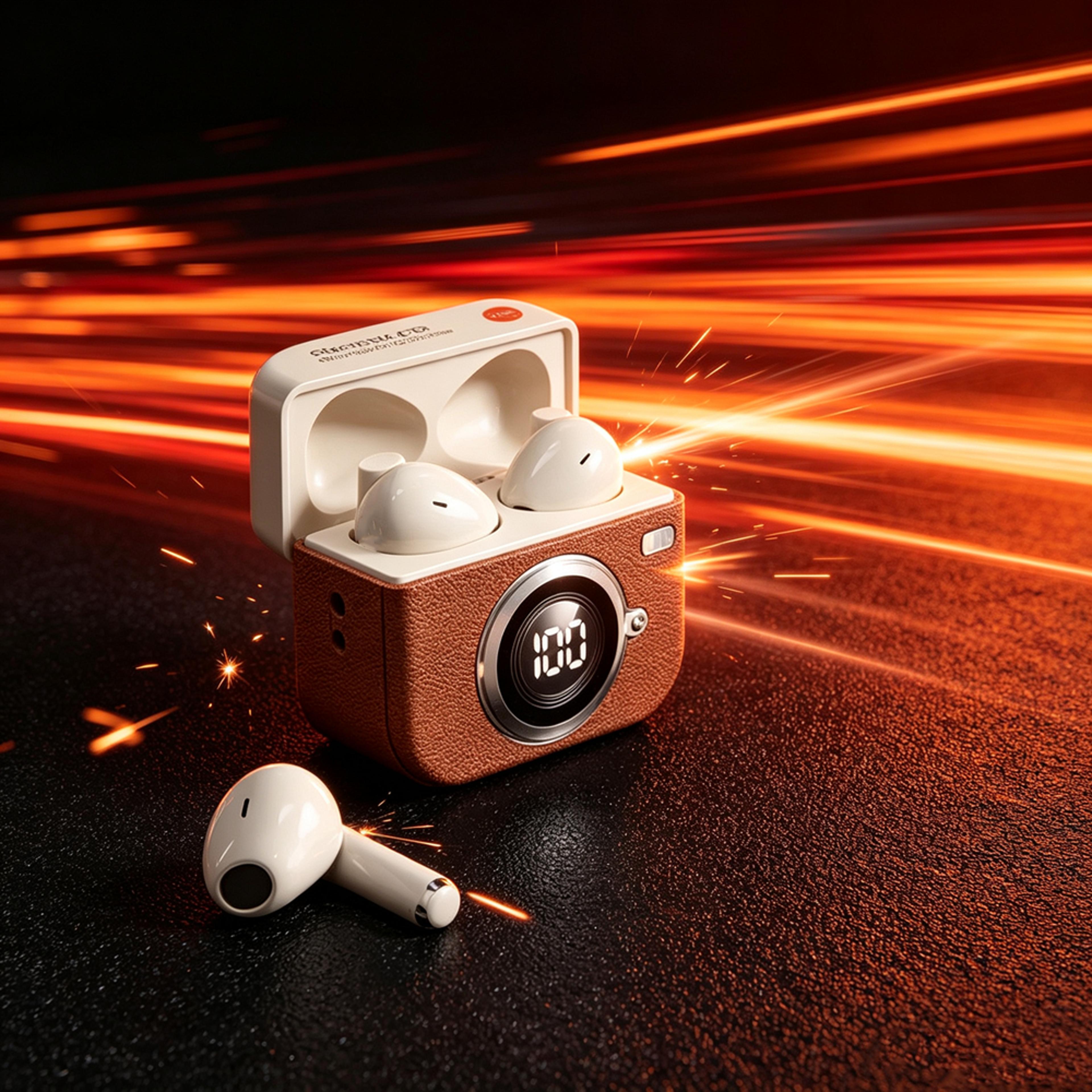 retro camera wireless bluetooth earbuds with noise reduction