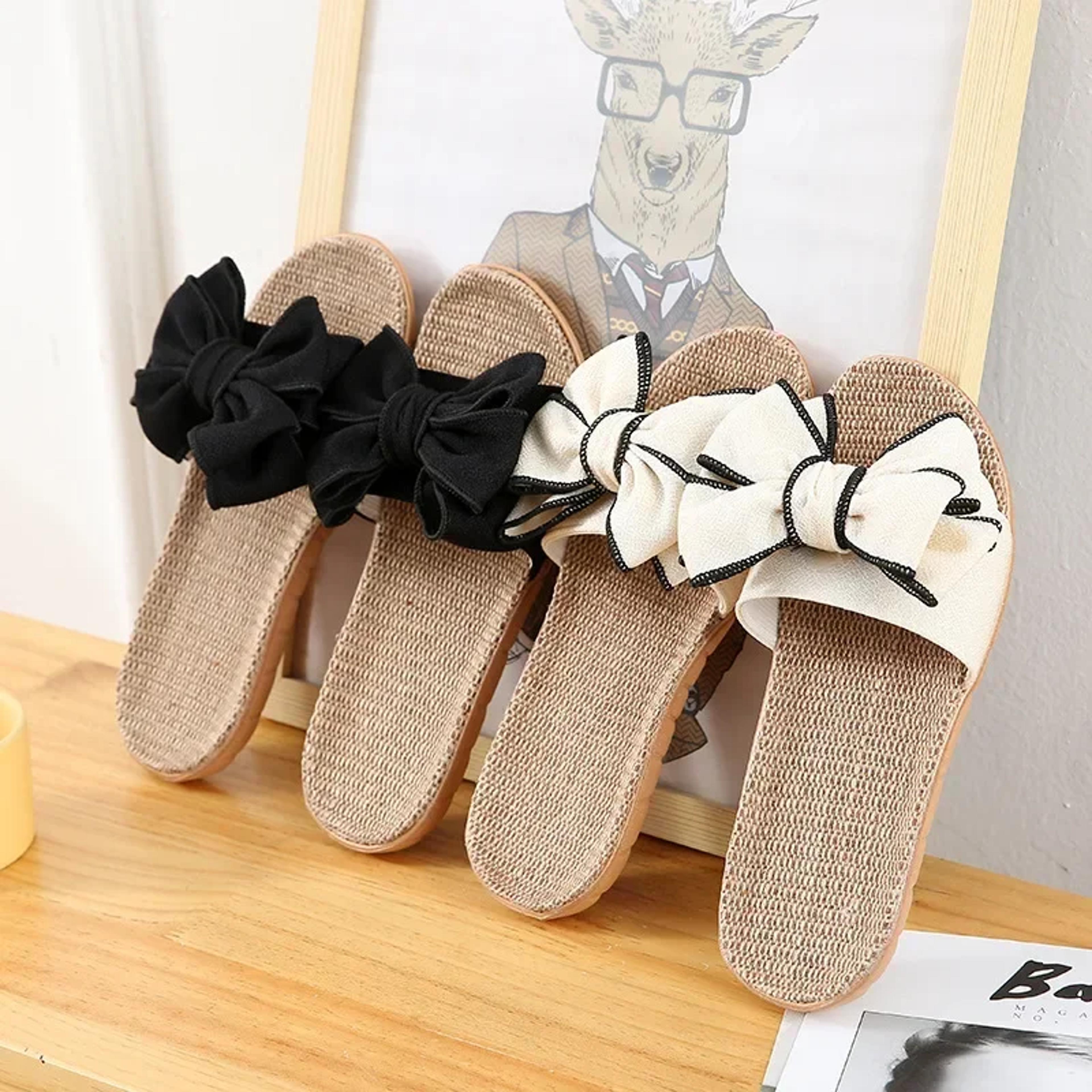 ladies indoor shoes, women summer casual slides, striped bow linen flip flops, comfortable flax slippers