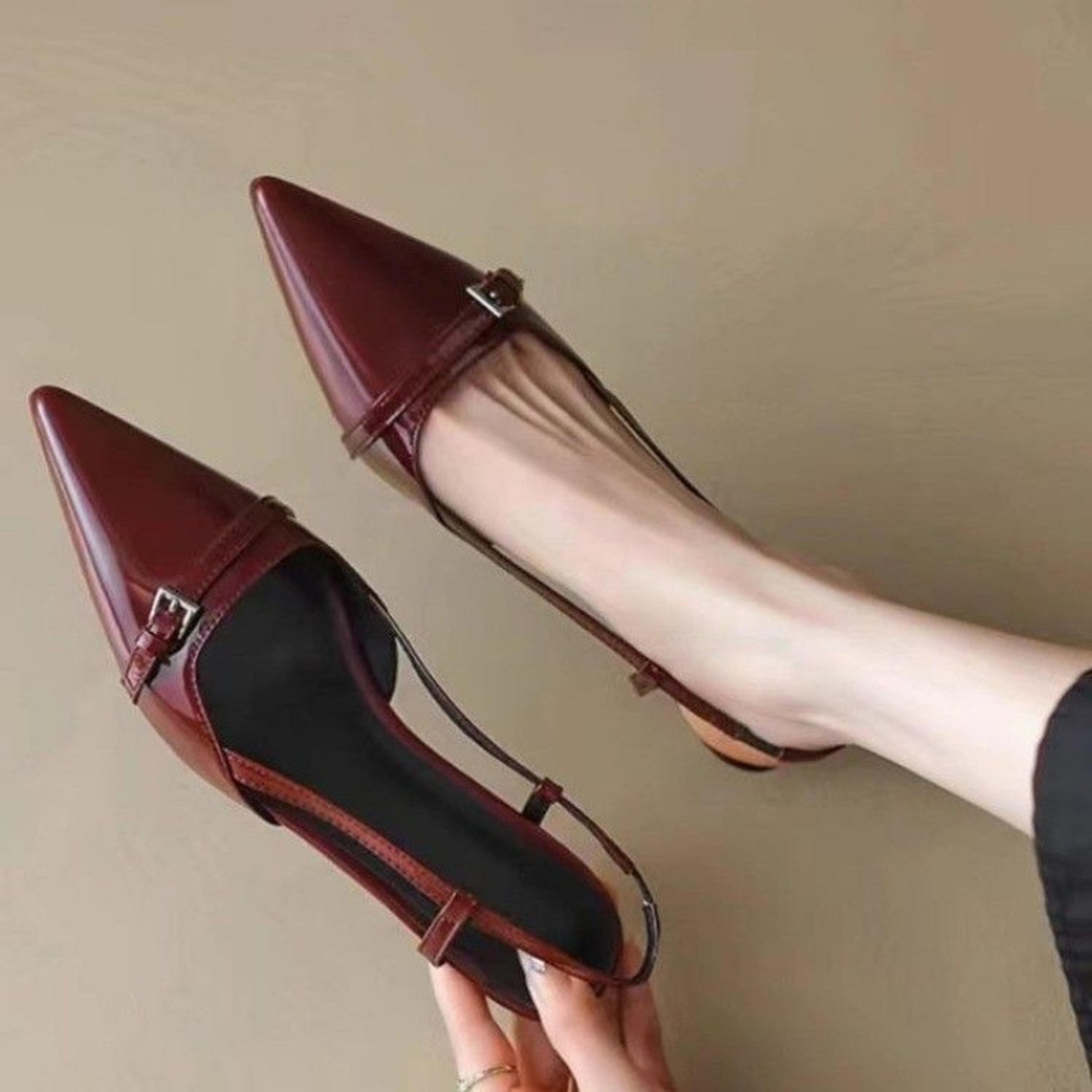 french pointed sandals in burgundy patent with crisscross straps, metal decor slim heel, and open-back fairy style
