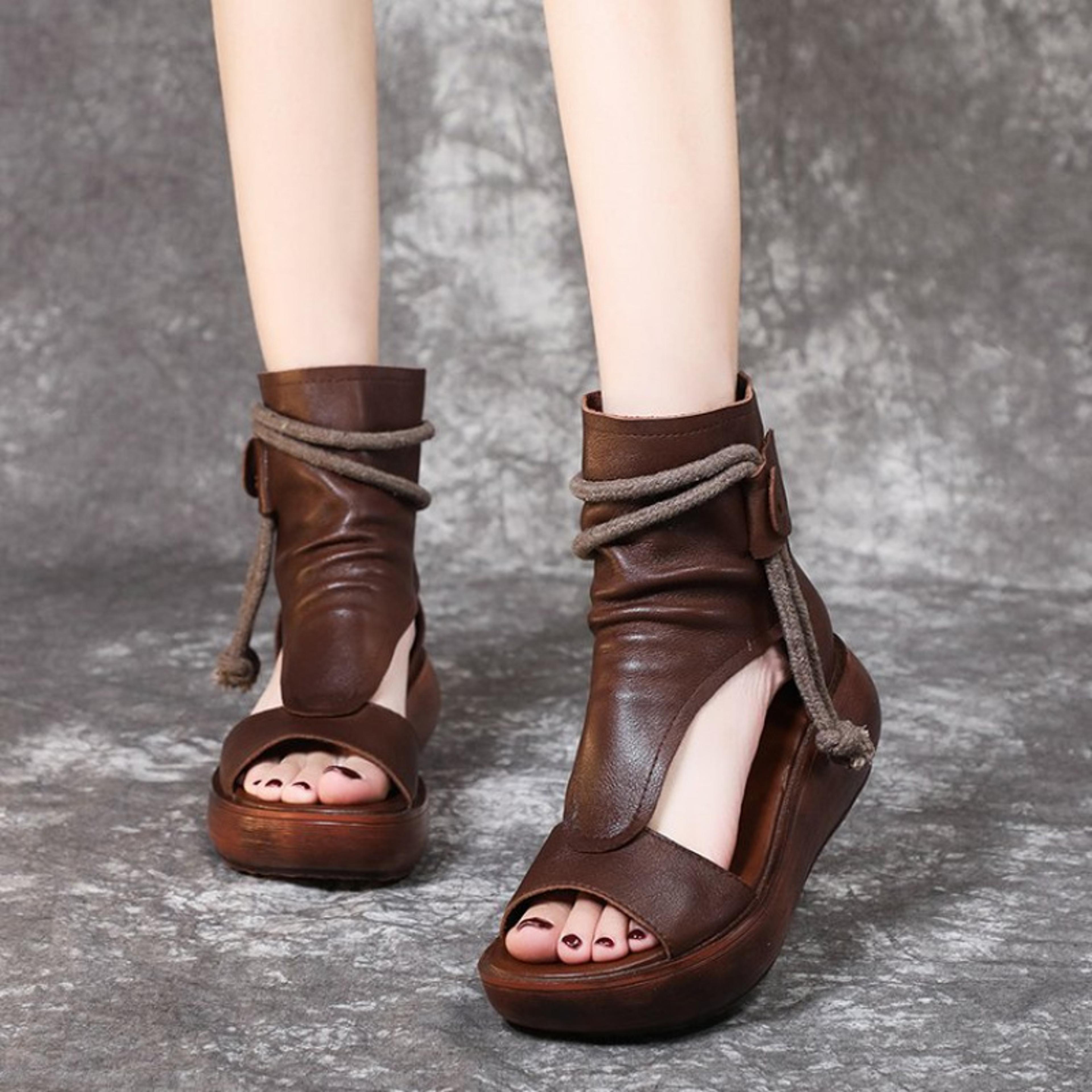 retro brown chunky wedge peep-toe espadrille sandals, new bohemian women's leather summer shoes with ankle wrap