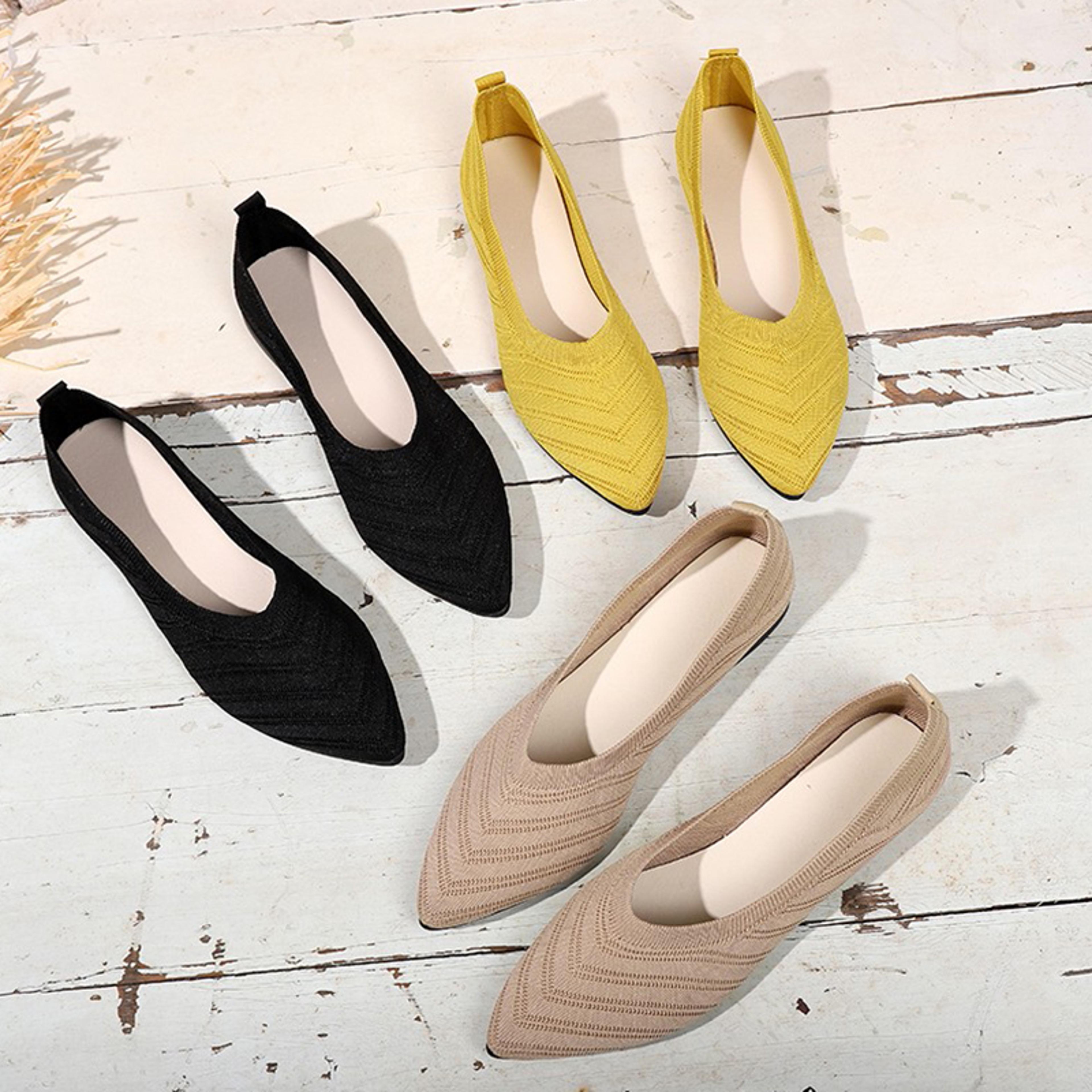 solid color knitted womens pointed toe flat shoes, casual slip on ballet flats, lightweight breathable loafers