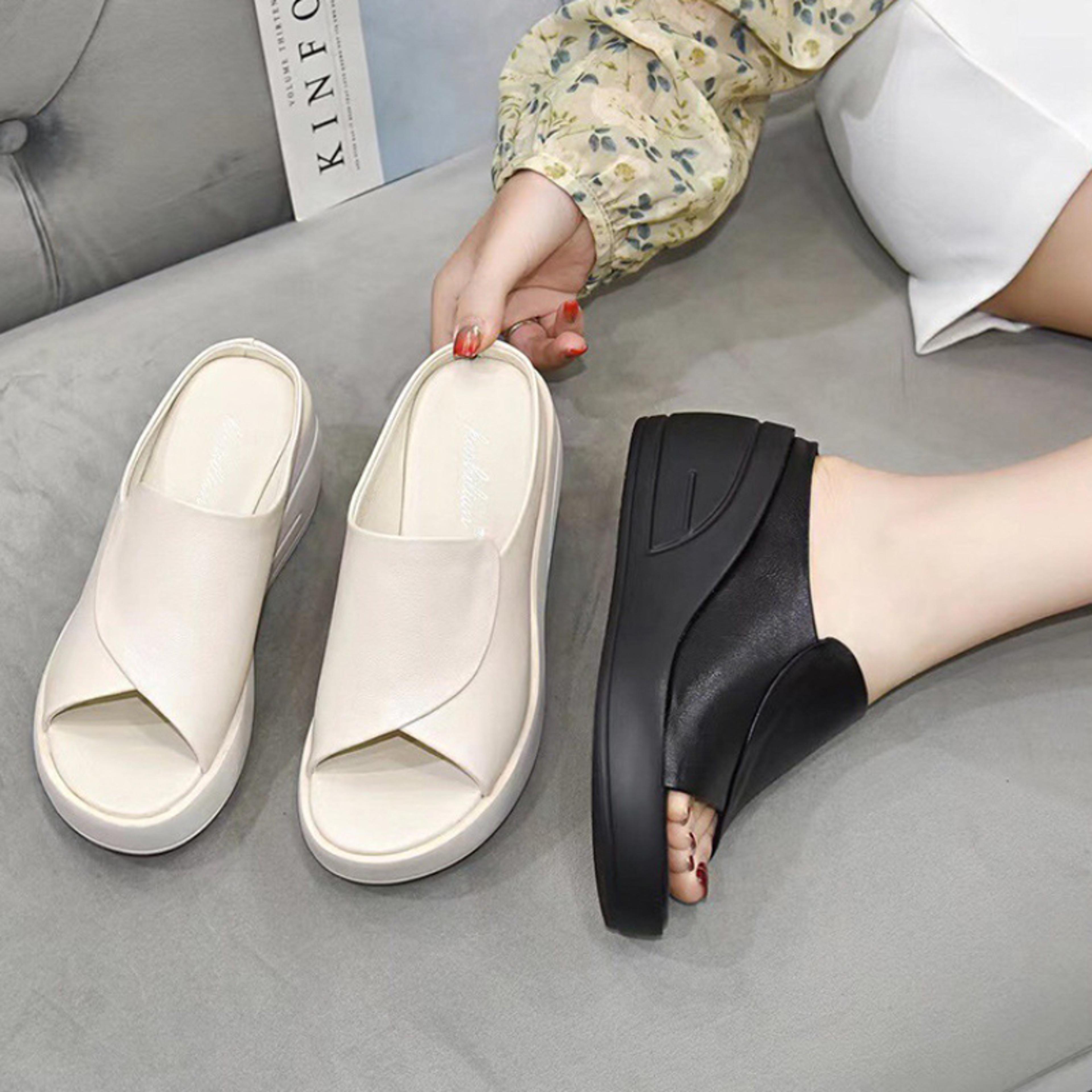 women slippers black wedge platform open toe sandals, orthopedic thick bottom beach slides high heels for summer comfort