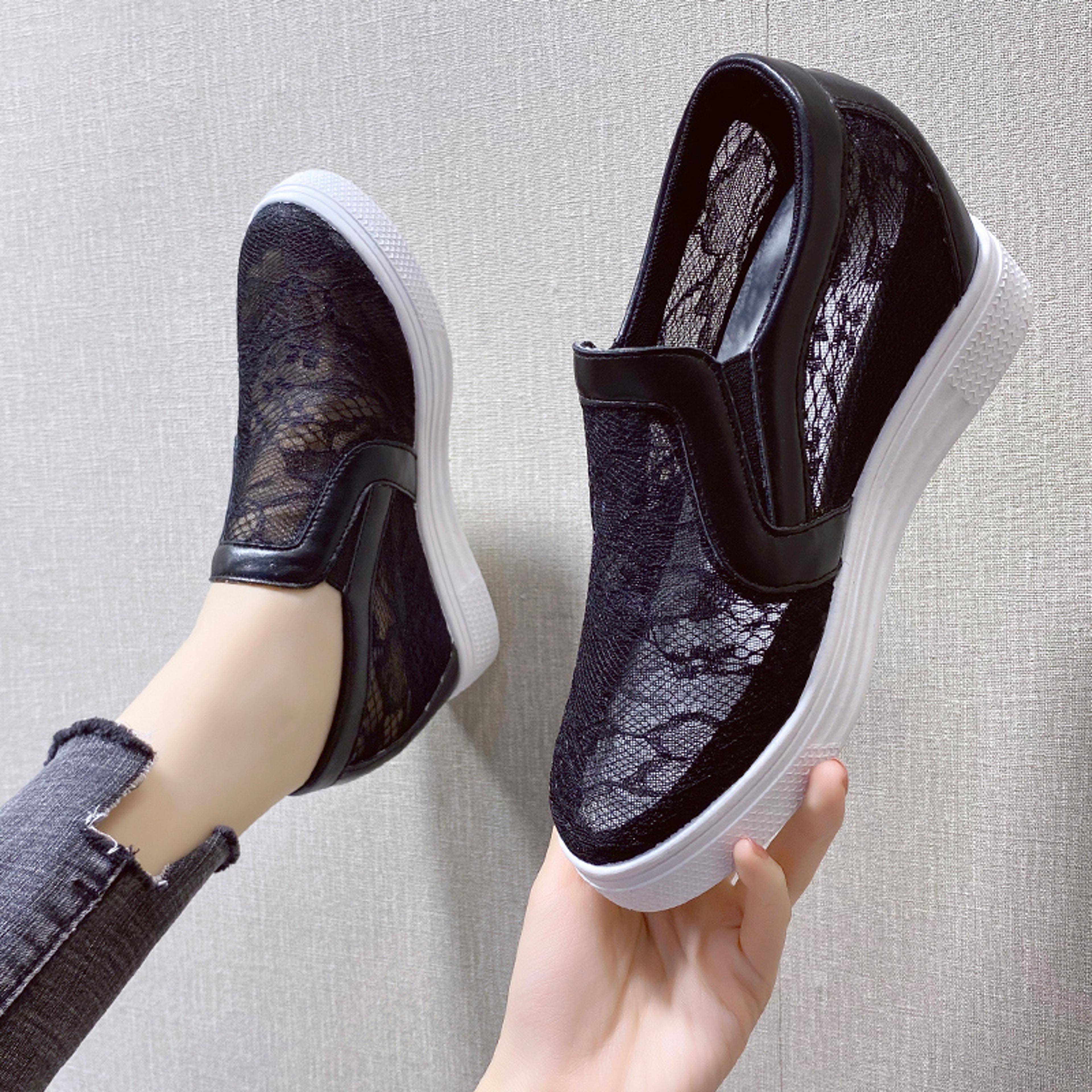 women wedge platform sneakers white creepers, rubber leather lace up pointed toe high heel height increasing shoes