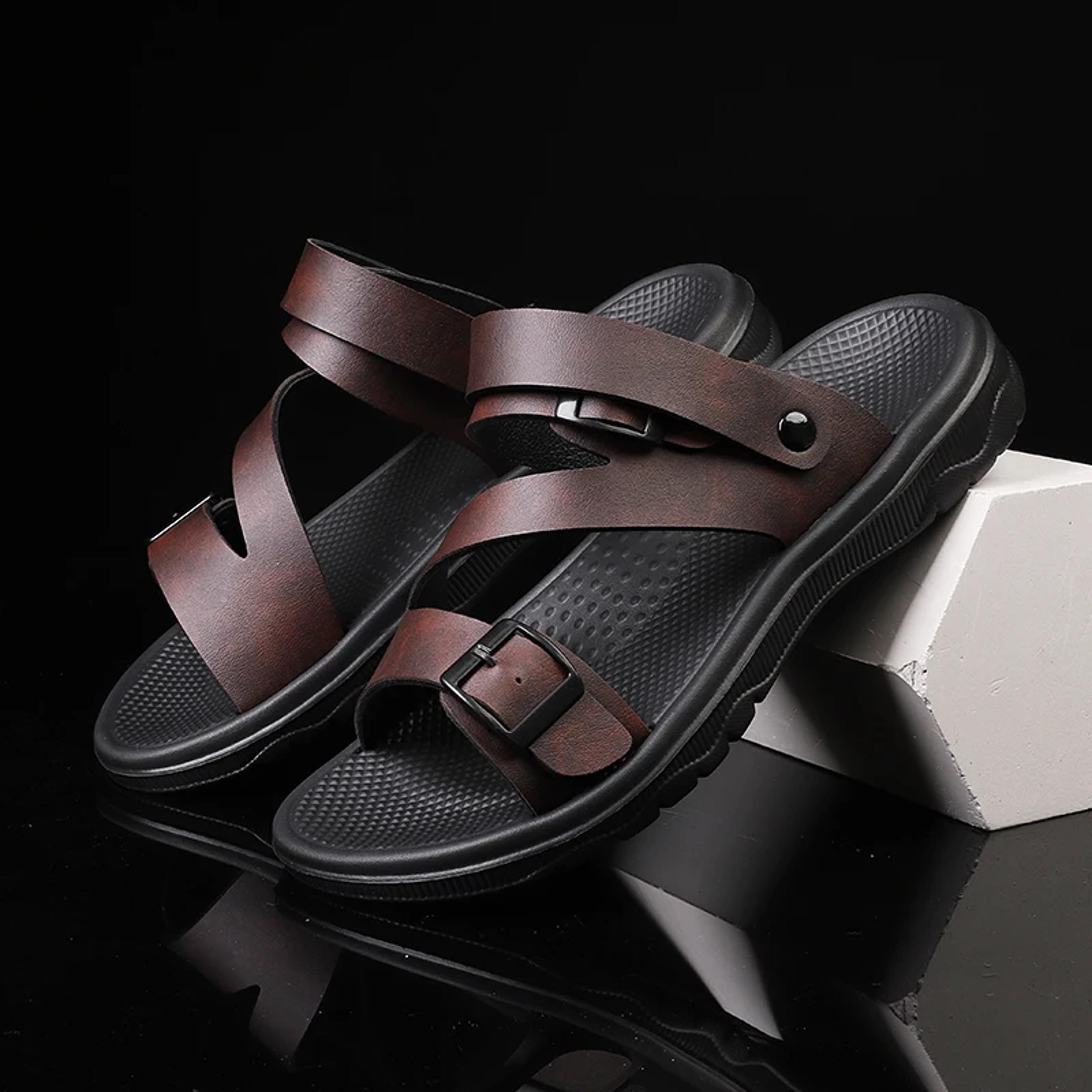 mens summer sandals outdoor casual sport slippers, pu leather roman flip-flops, non-slip breathable garden shoes