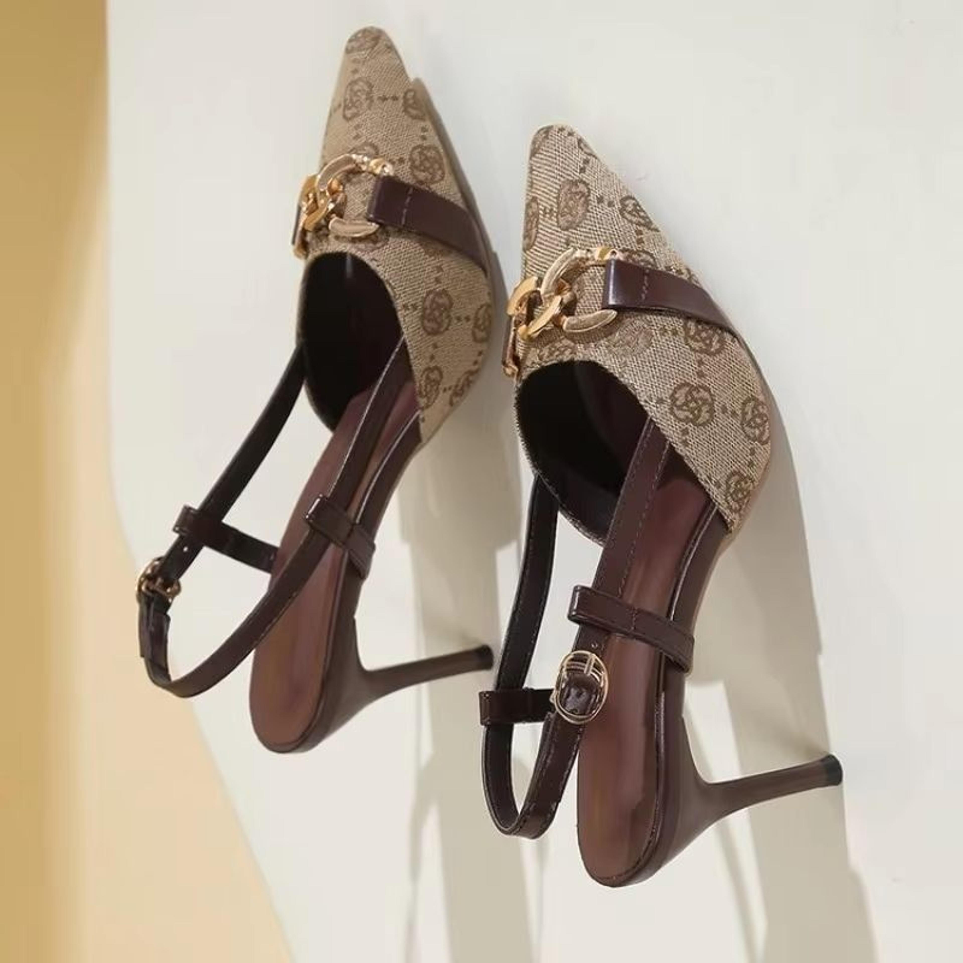 elegant womens baotou sandals for spring, pointed head, shallow mouth high heels with metal buckle, anti-slip