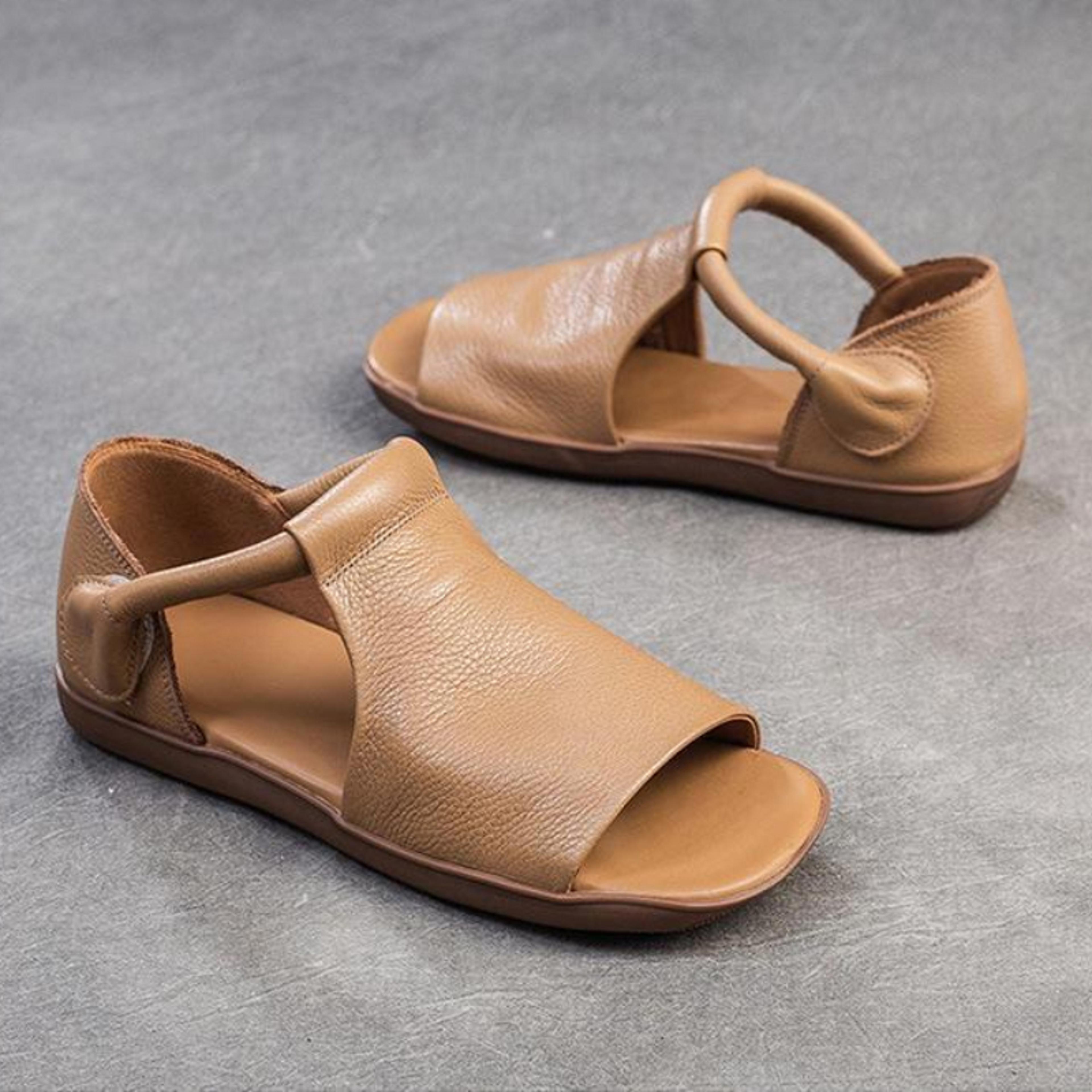handmade retro cowhide flat sandals, rome style womens casual shoes, fish mouth leather sandals with elastic straps