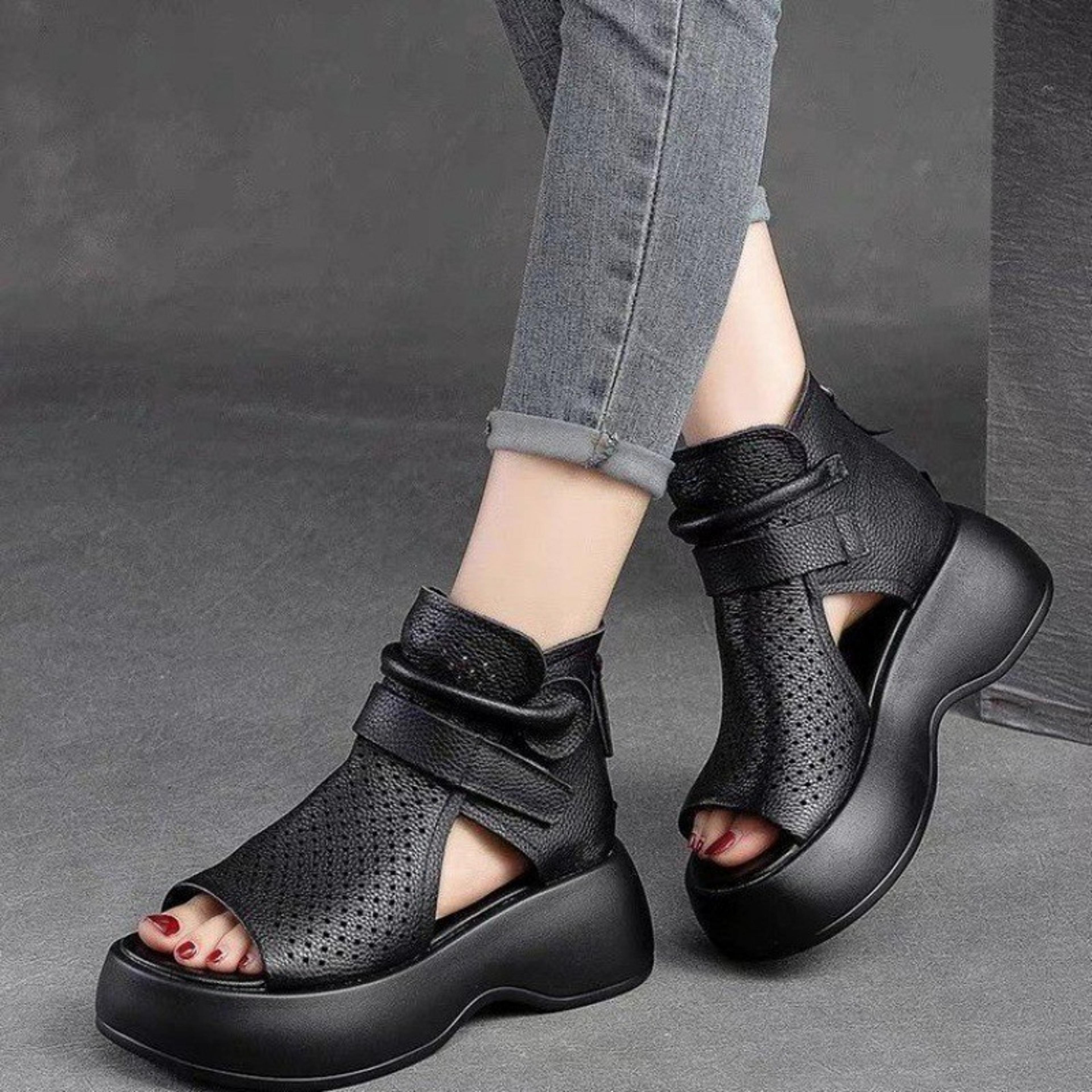 womens sandals boots hollow with thick sole, breathable summer hole shoes, fish mouth hook & loop retro comfortable