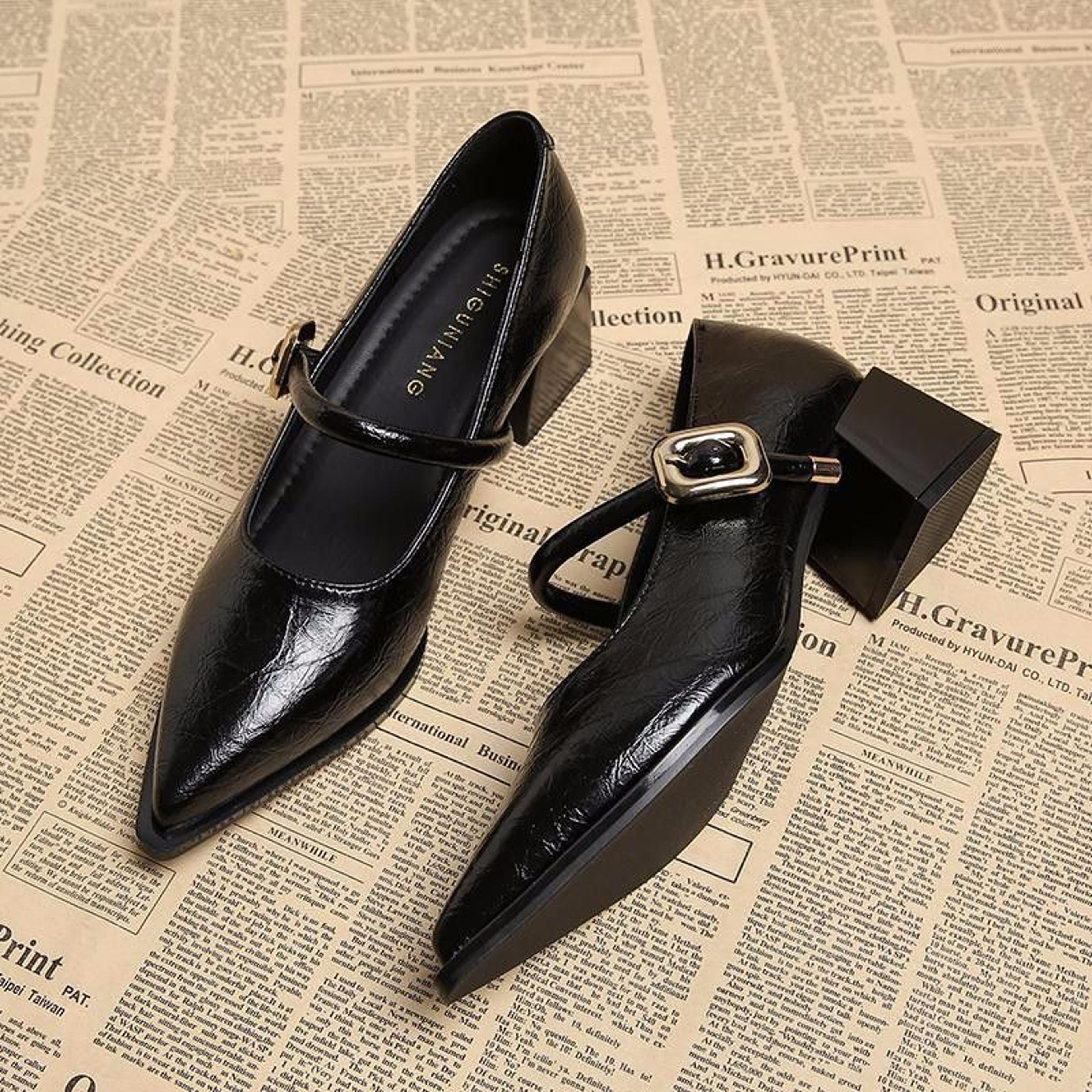 womens spring style pointed toe square heel single shoes, professional medium heel buckle dress high heels, versatile