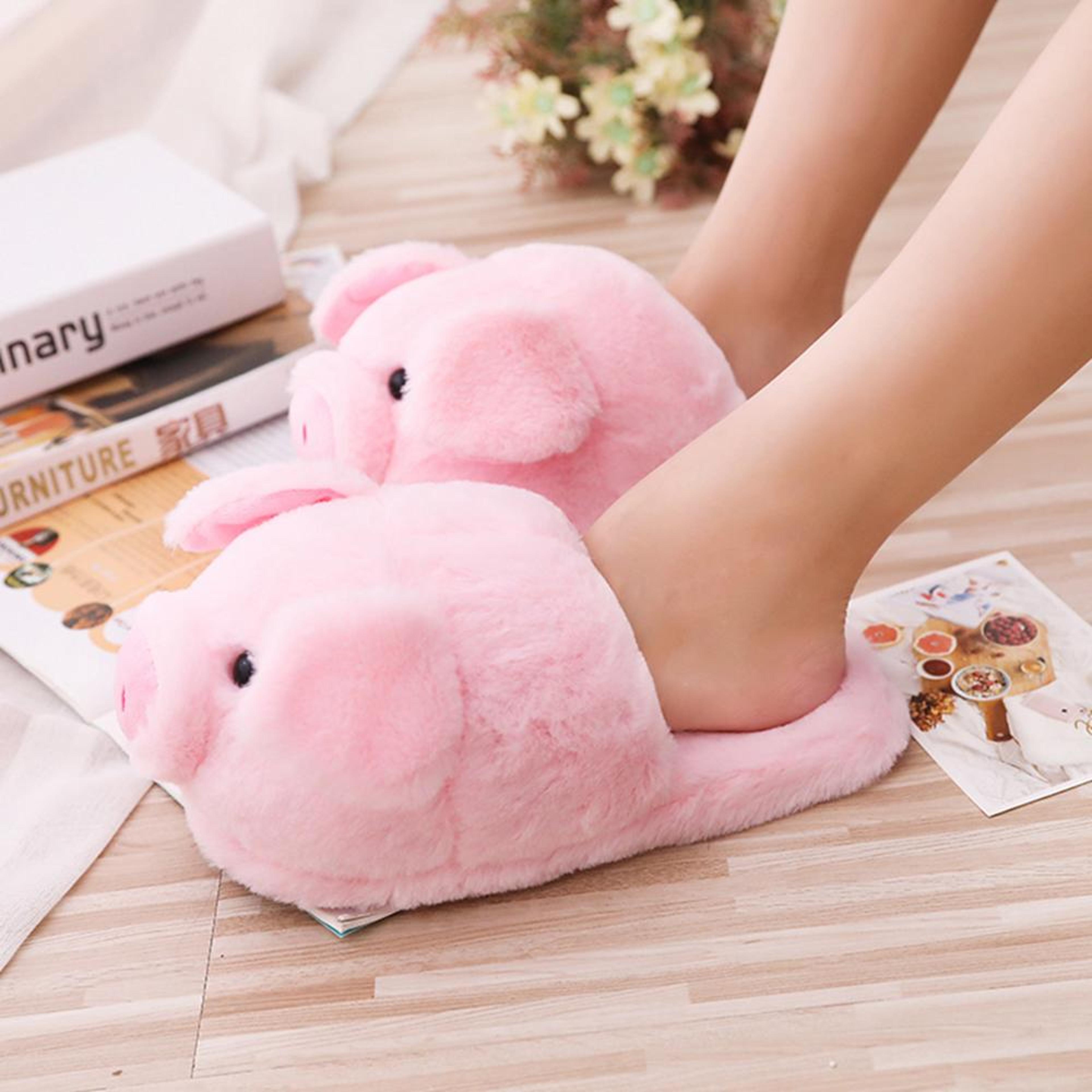 cute pink pig womens warm indoor slippers, furry plush home floor shoes for ladies, winter soft short comfort slipper