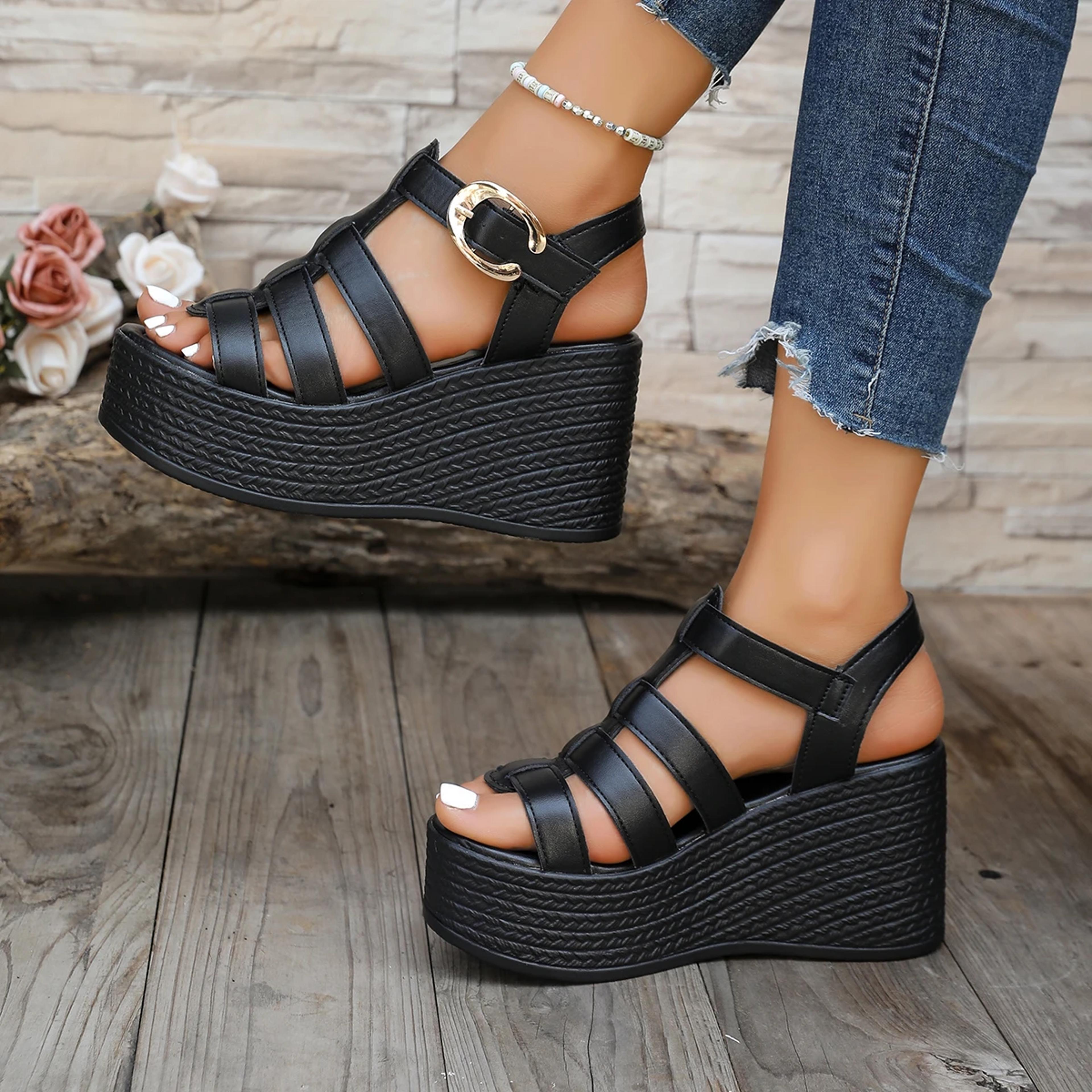 womens wedge sandals with ankle buckle, patchwork platform gladiator shoes, soft sole non-slip summer comfort sandals