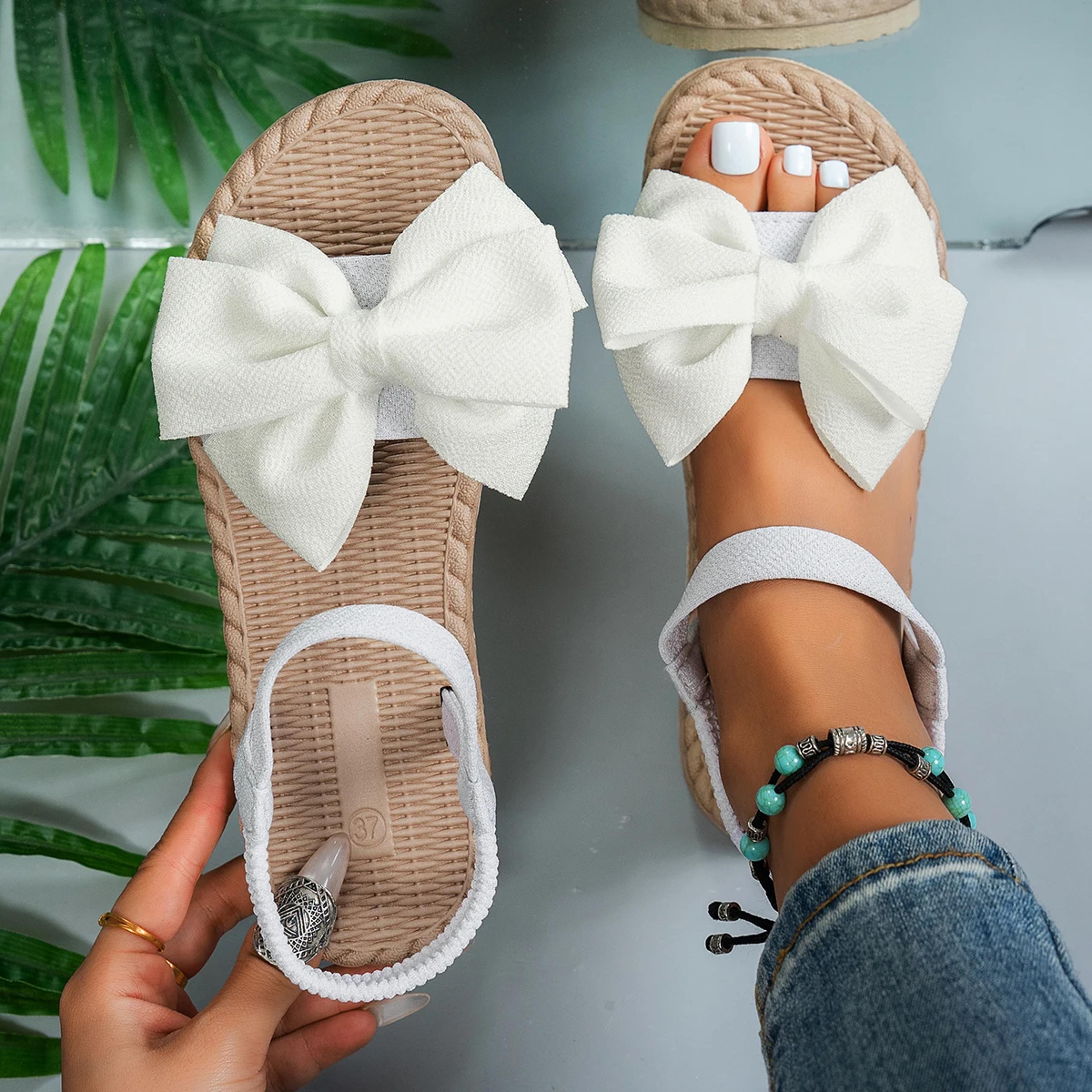 lightweight women sandals for summer, trendy fashion beach slippers with bow tie, outdoor flat casual shoes for women