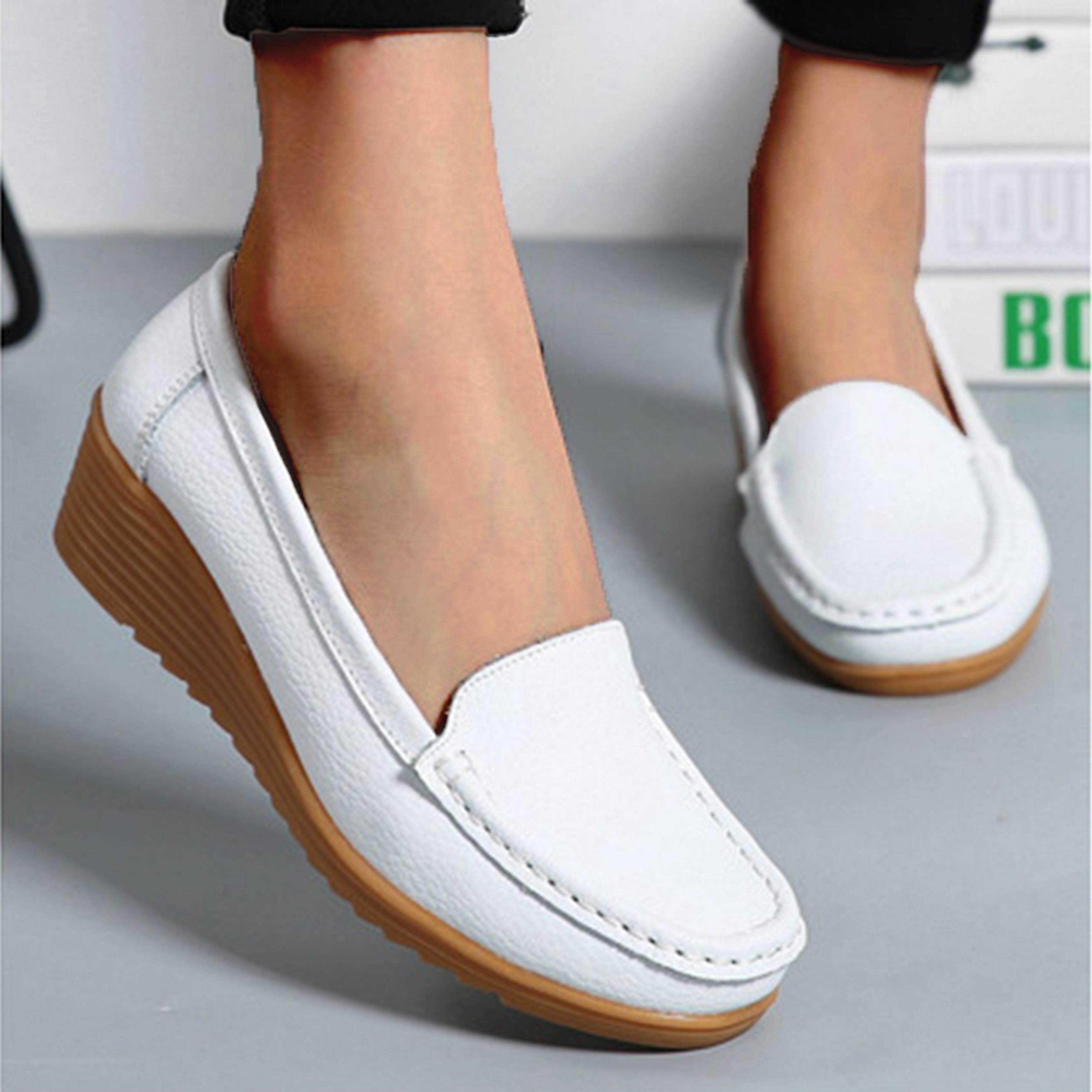 genuine leather women flats wedge walking nurse shoes, lightweight slip-onloafers & barefoot moccasins for ladies