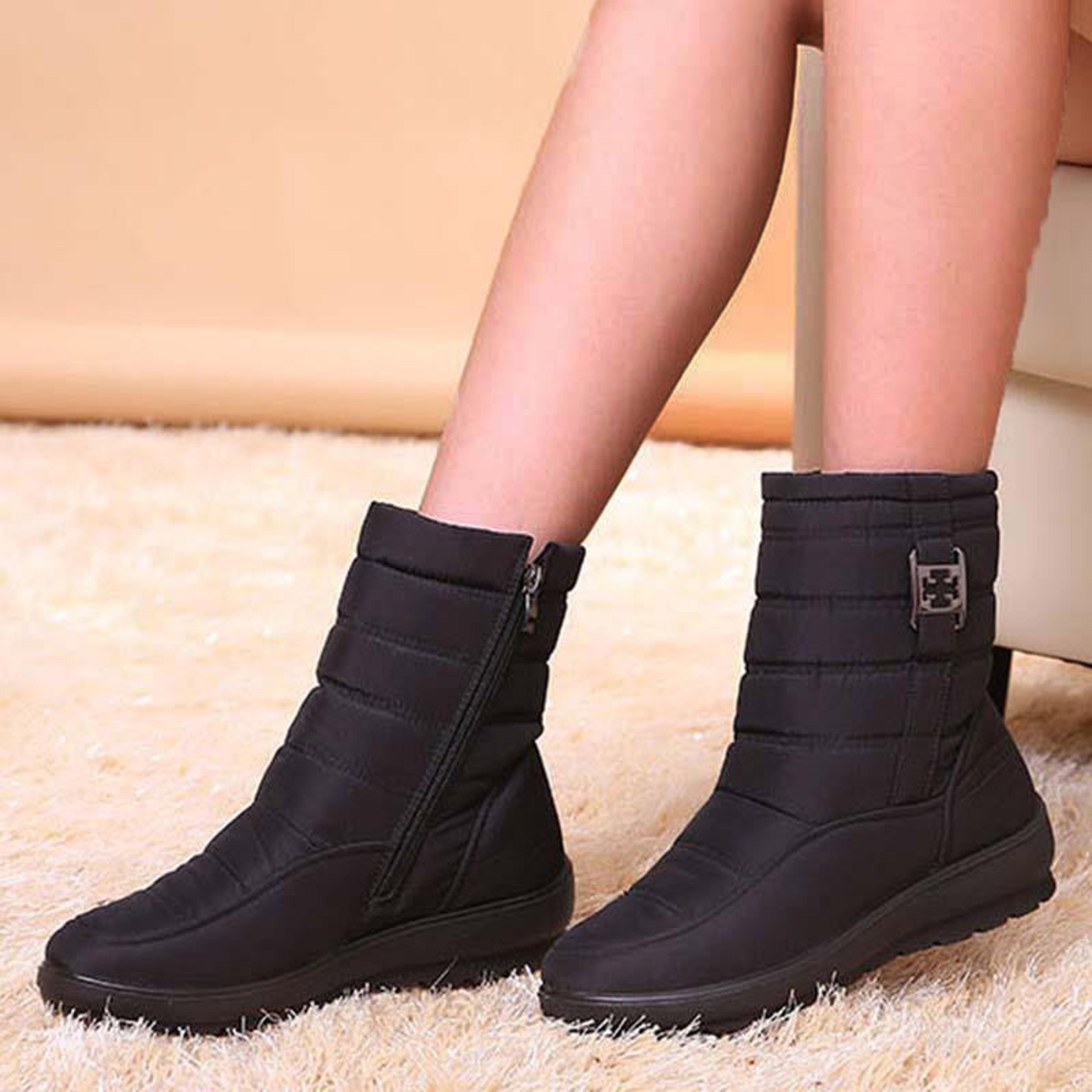 warm plush women boots snow round toe shoes, stylish zipper ladies winter footwear for comfort & elegance