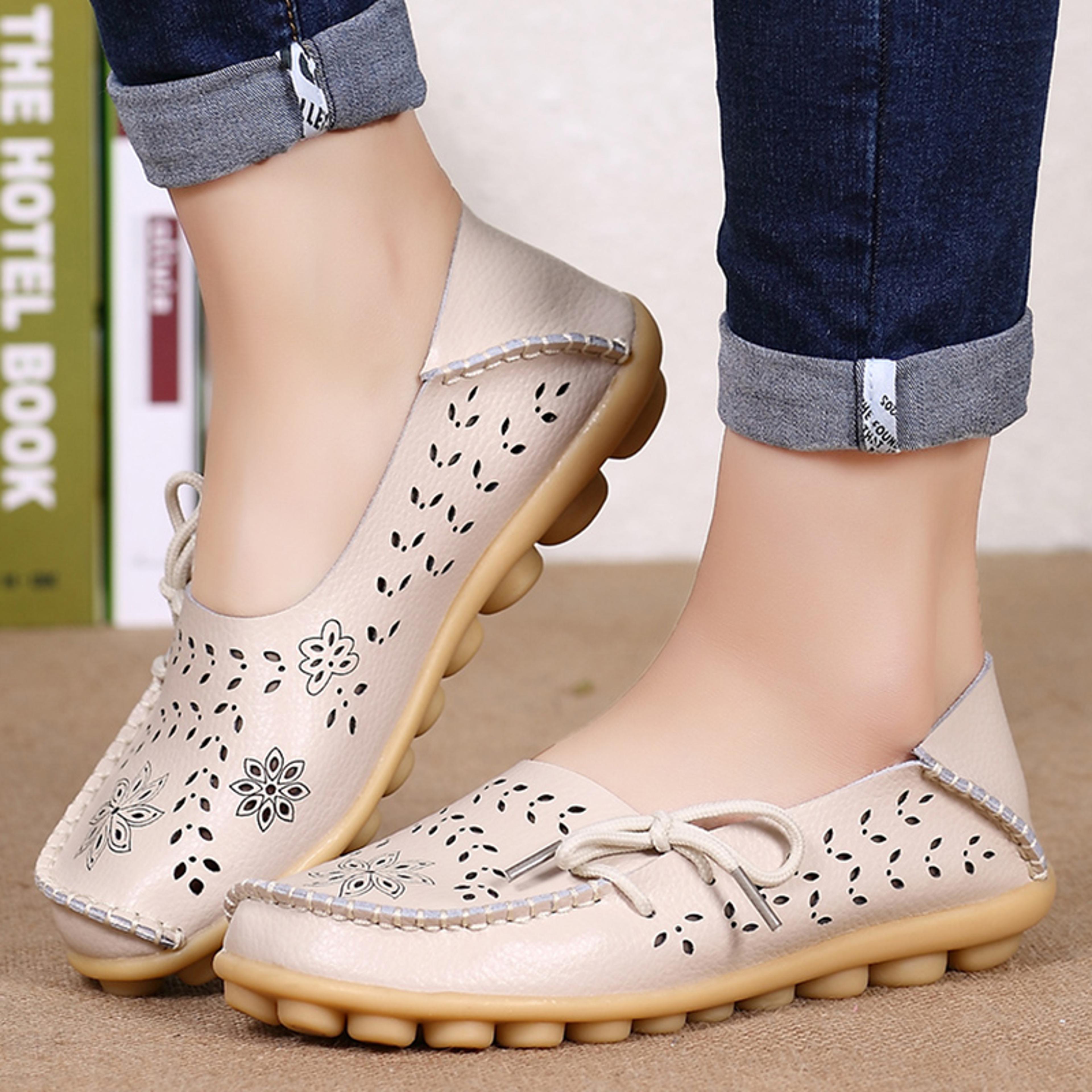 soft genuine leather womens flats, casual breathable slip-on loafers & summer driving shoes