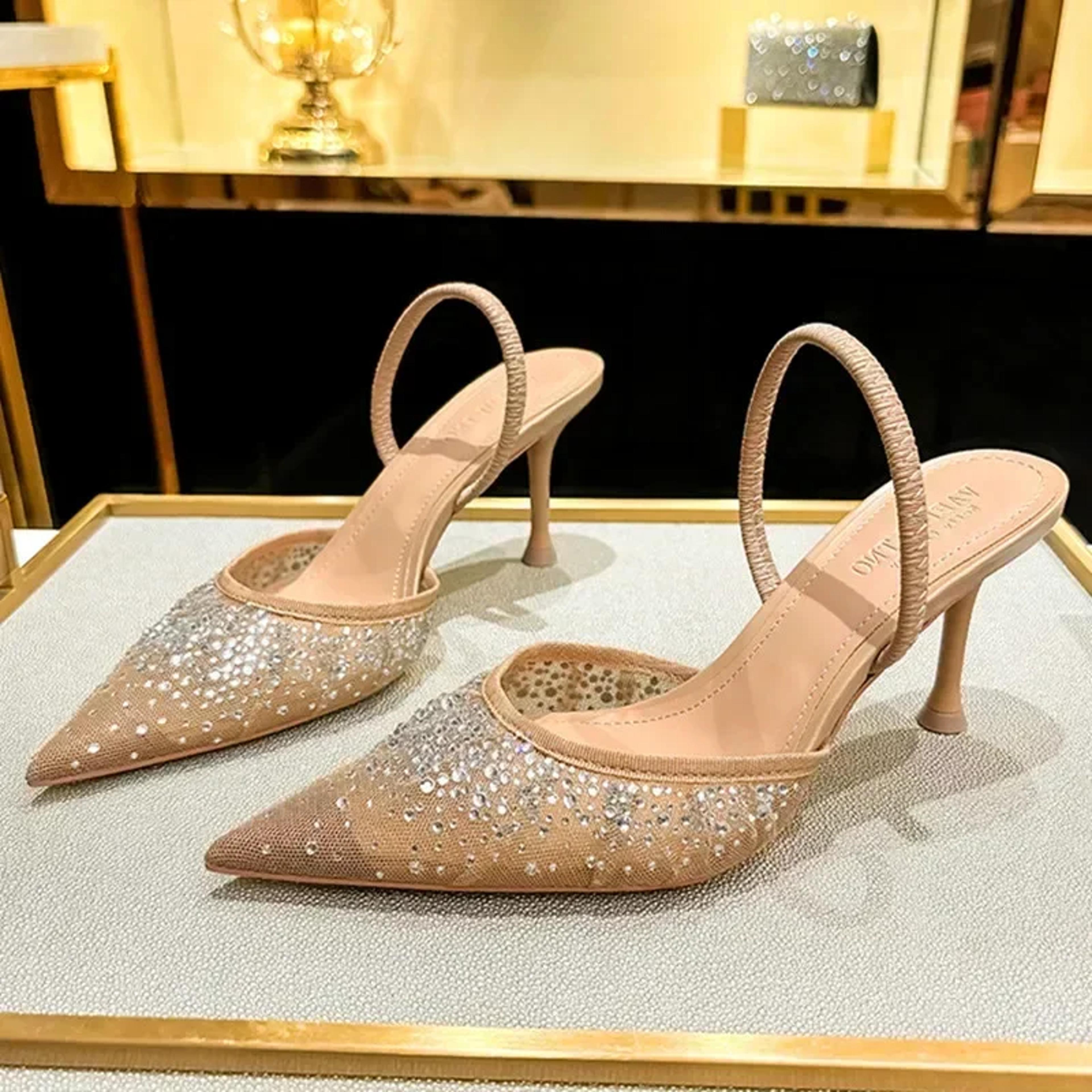 womens luxury designer rhinestone mesh heeled sandals, sexy pointed toe slingbacks, thin high heels, and elegant dress